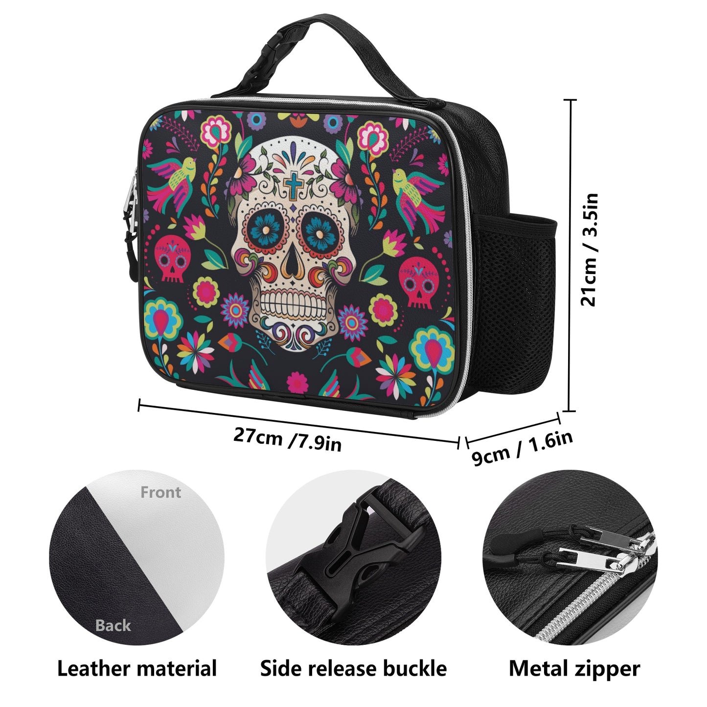 Dia de los muertos gothic Halloween Mexican skull Detachable Leather Lunch Bag