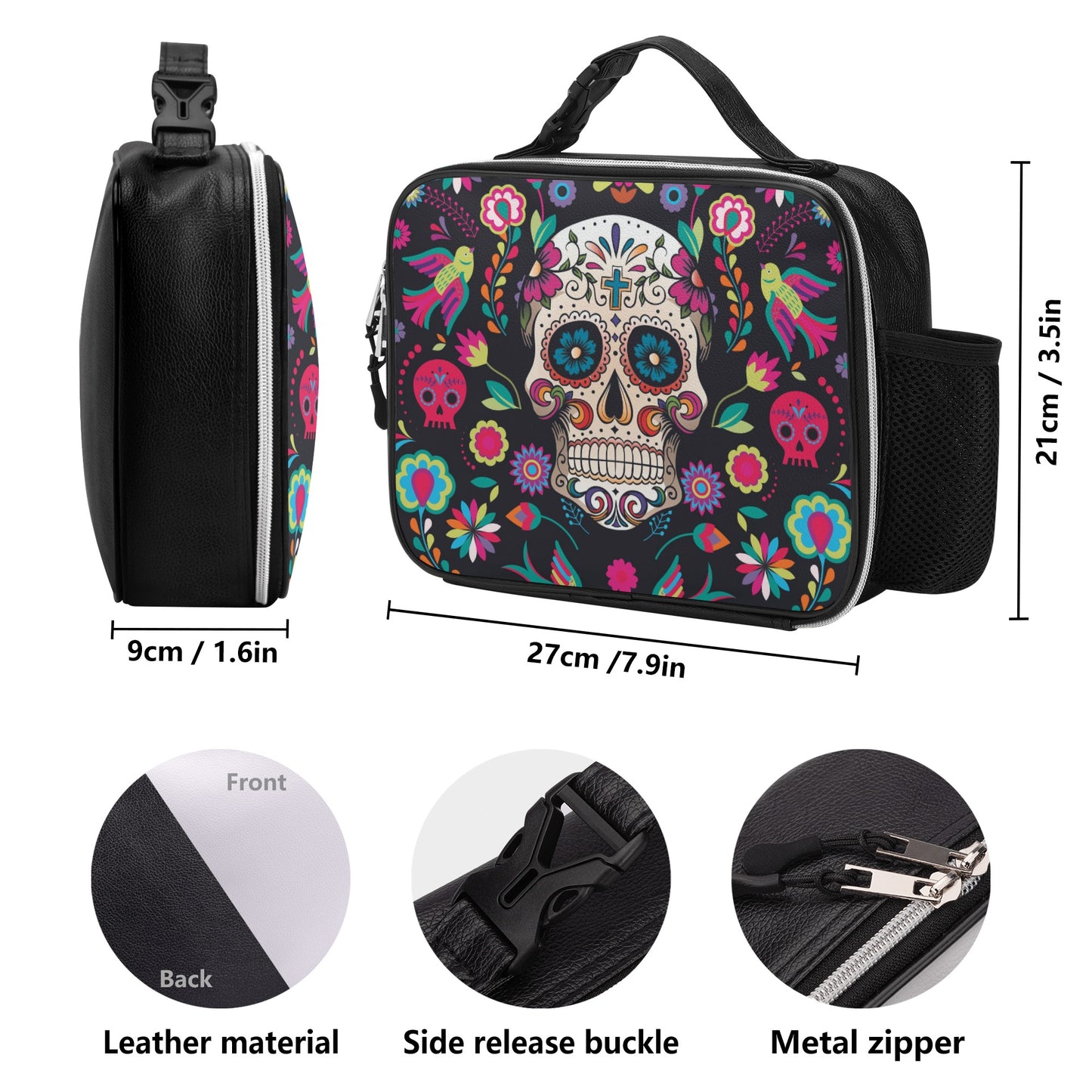 Dia de los muertos gothic Halloween Mexican skull Detachable Leather Lunch Bag