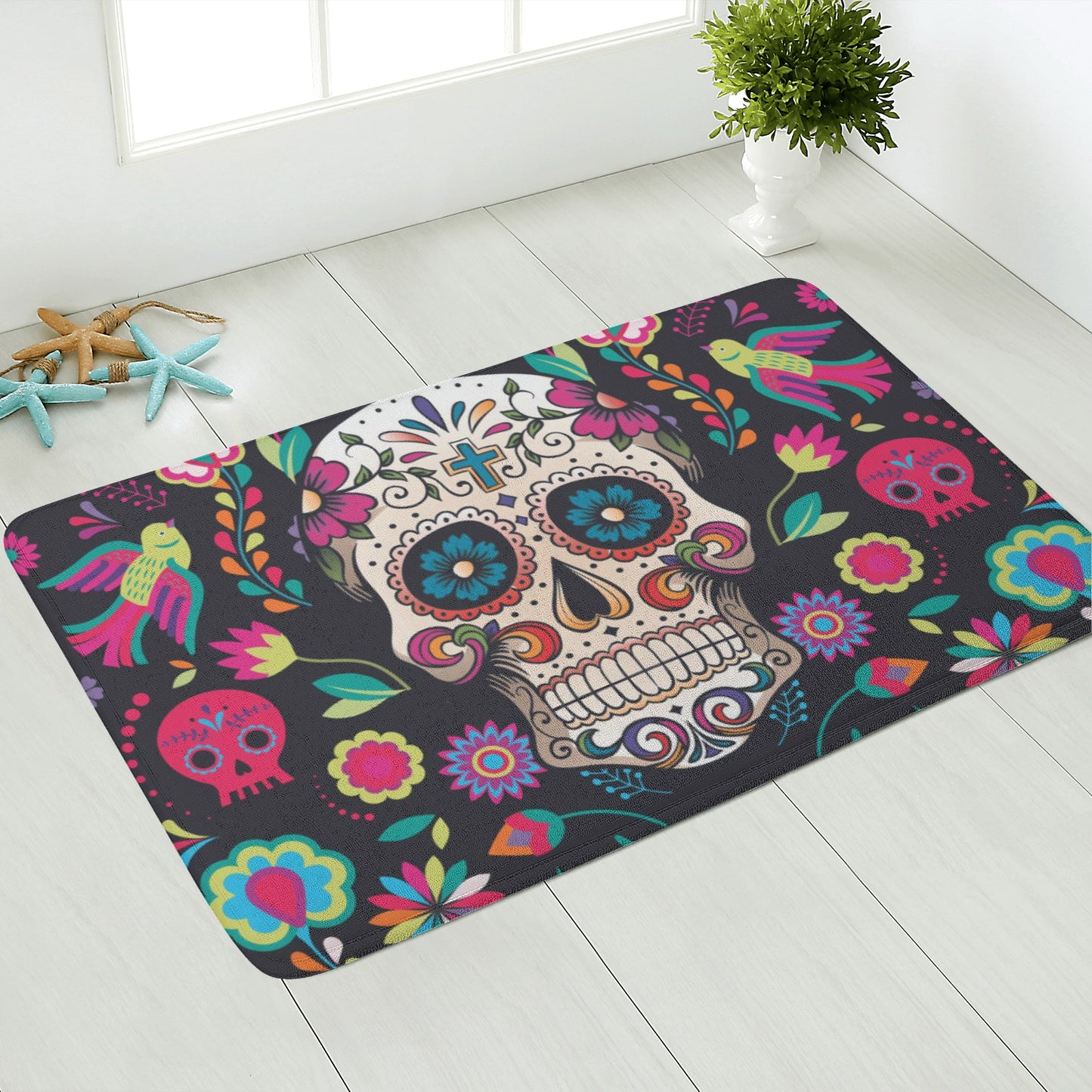 Sugar skull floral Sugar skull Day of the dead mexican skull  calavears Halloween Sugar skull floral Plush Doormat