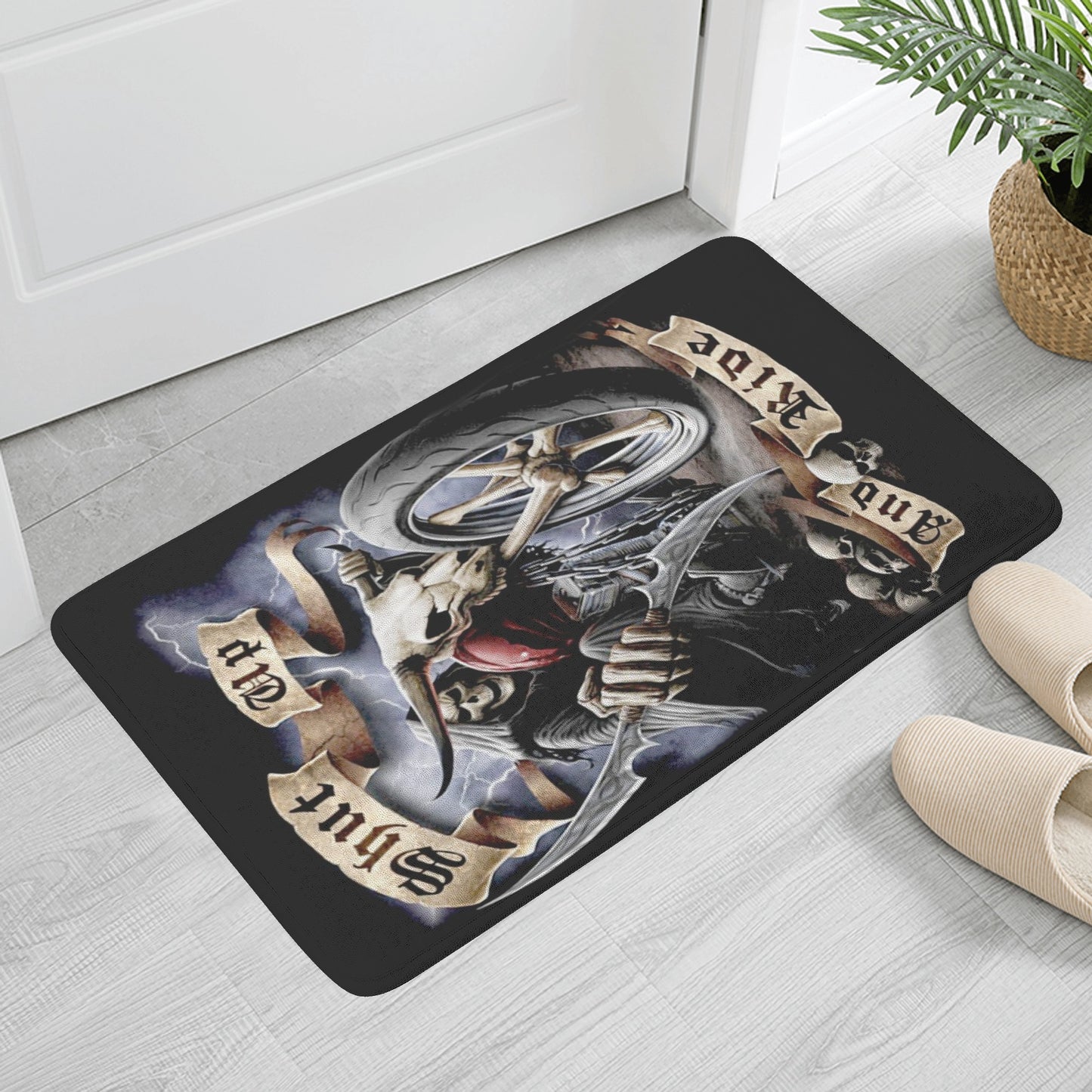 Ride or die grim reaper motorcycle biker skull Plush Doormat