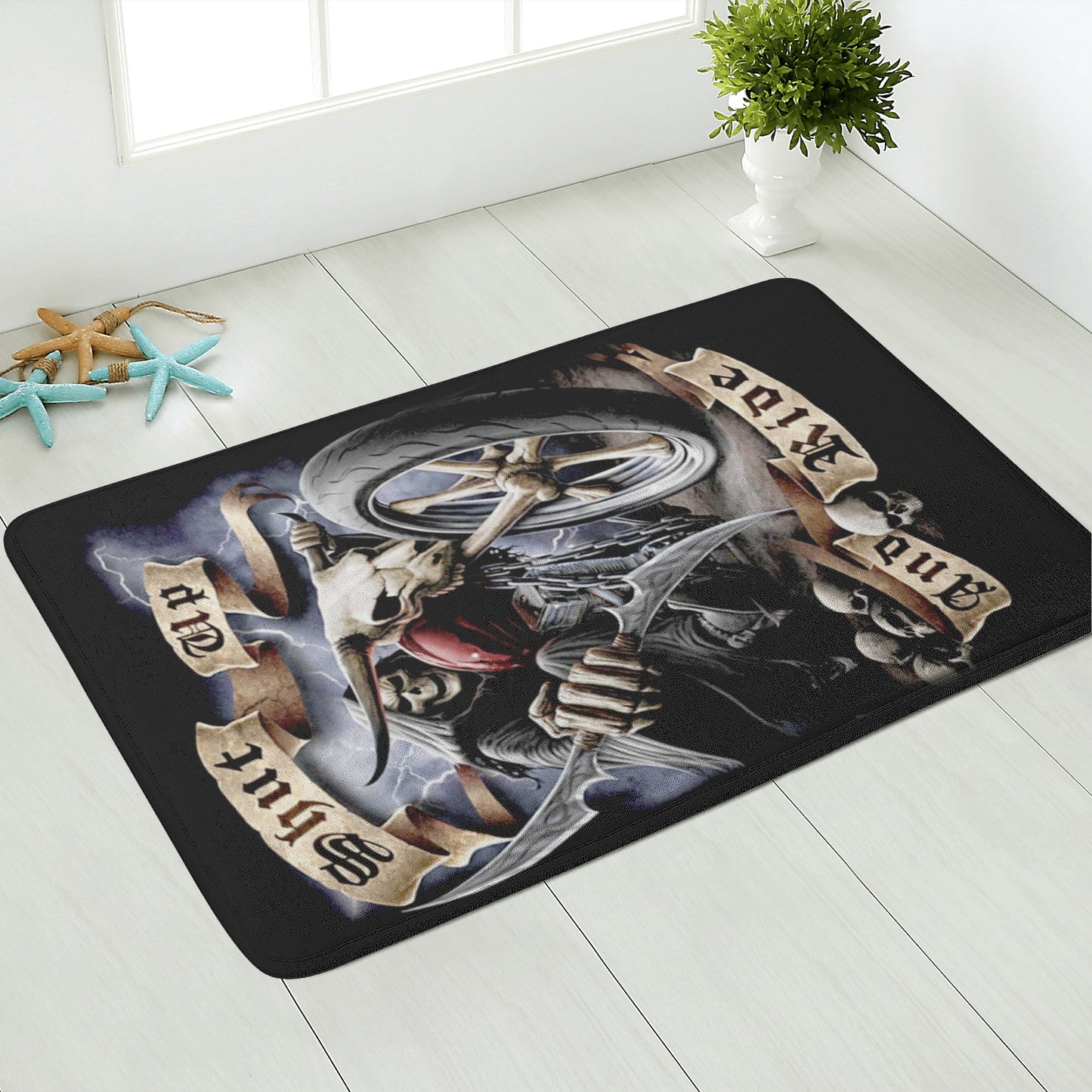 Ride or die grim reaper motorcycle biker skull Plush Doormat