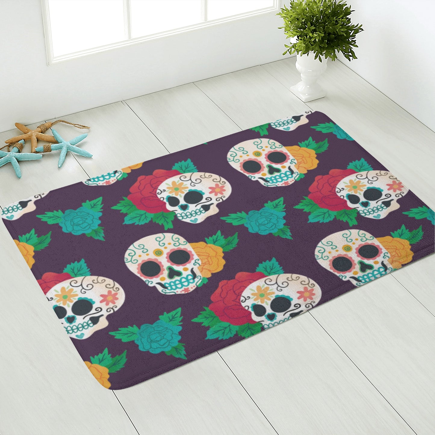 Floral day of the dead skull Plush Doormat