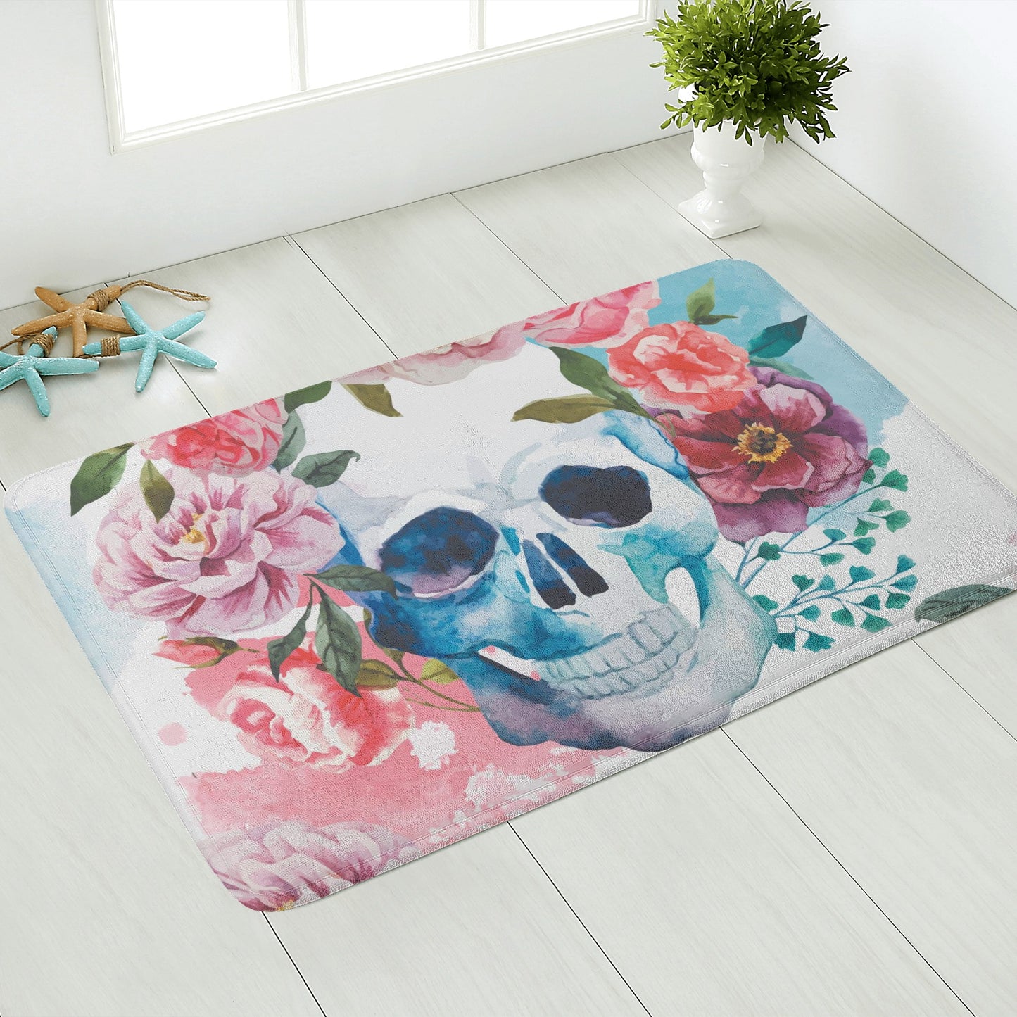 Rose skull gothic sugar skull floral Plush Doormat