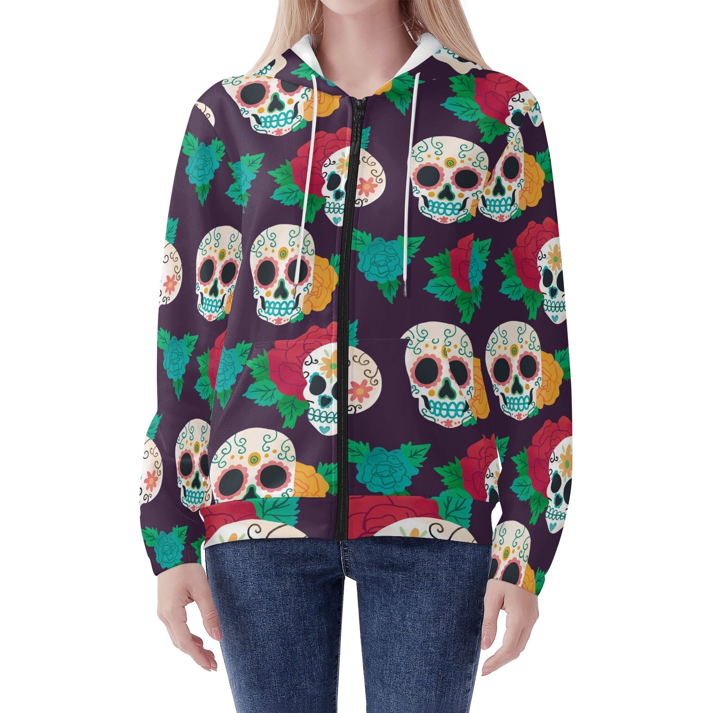 Mexican calaveras sugar skull Women's Lightweight Zipper Jumper Sweatshirt Hoodie