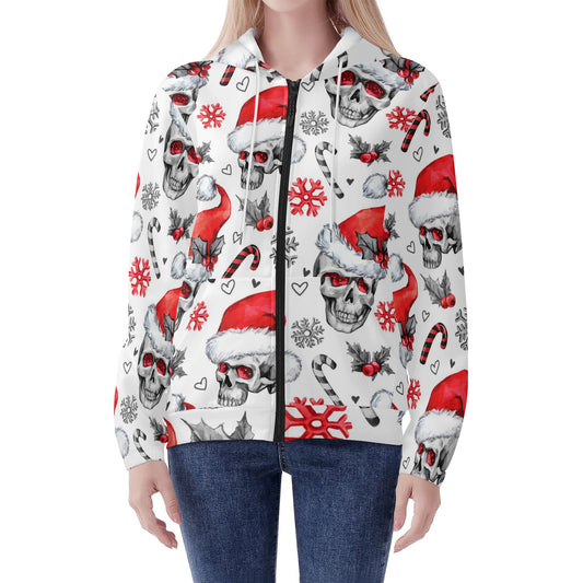 Skull santan clause Women's Lightweight Zipper Jumper Sweatshirt Hoodie