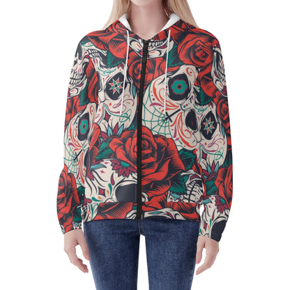 Dia de los muertos skeelton skull Women's Lightweight Zipper Jumper Sweatshirt Hoodie