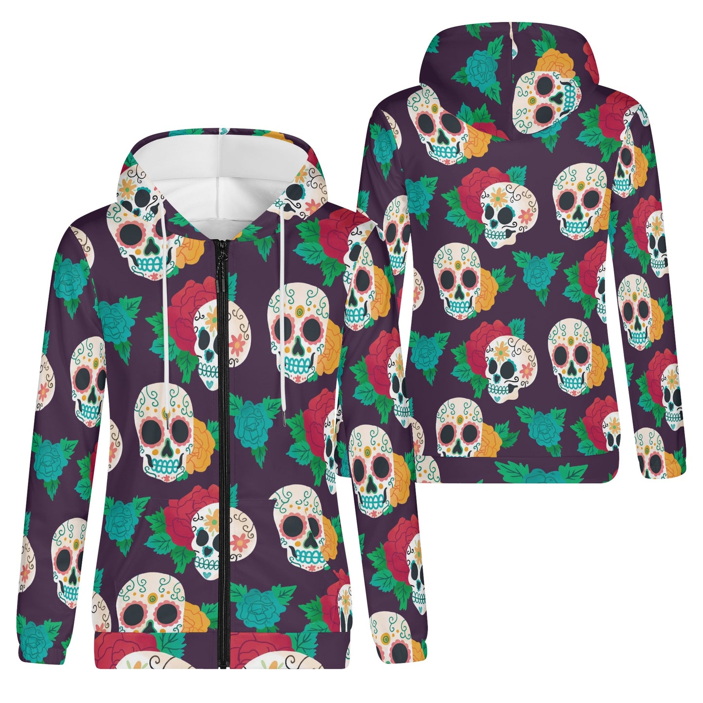 Mexican calaveras sugar skull Women's Lightweight Zipper Jumper Sweatshirt Hoodie