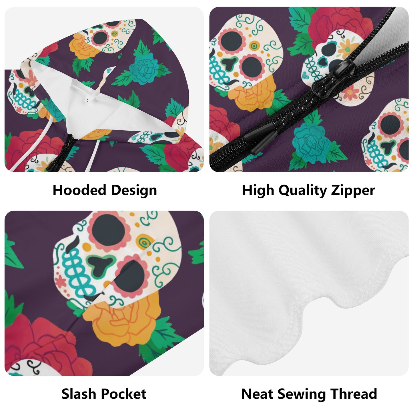 Mexican calaveras sugar skull Women's Lightweight Zipper Jumper Sweatshirt Hoodie