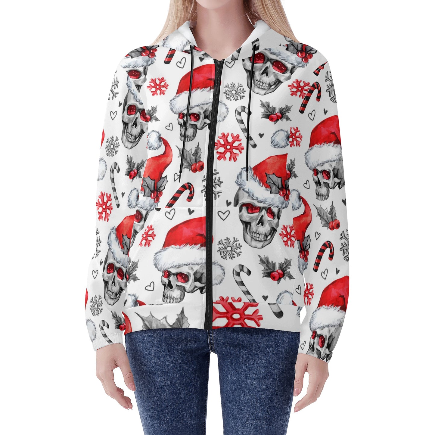 Skull santan clause Women's Lightweight Zipper Jumper Sweatshirt Hoodie