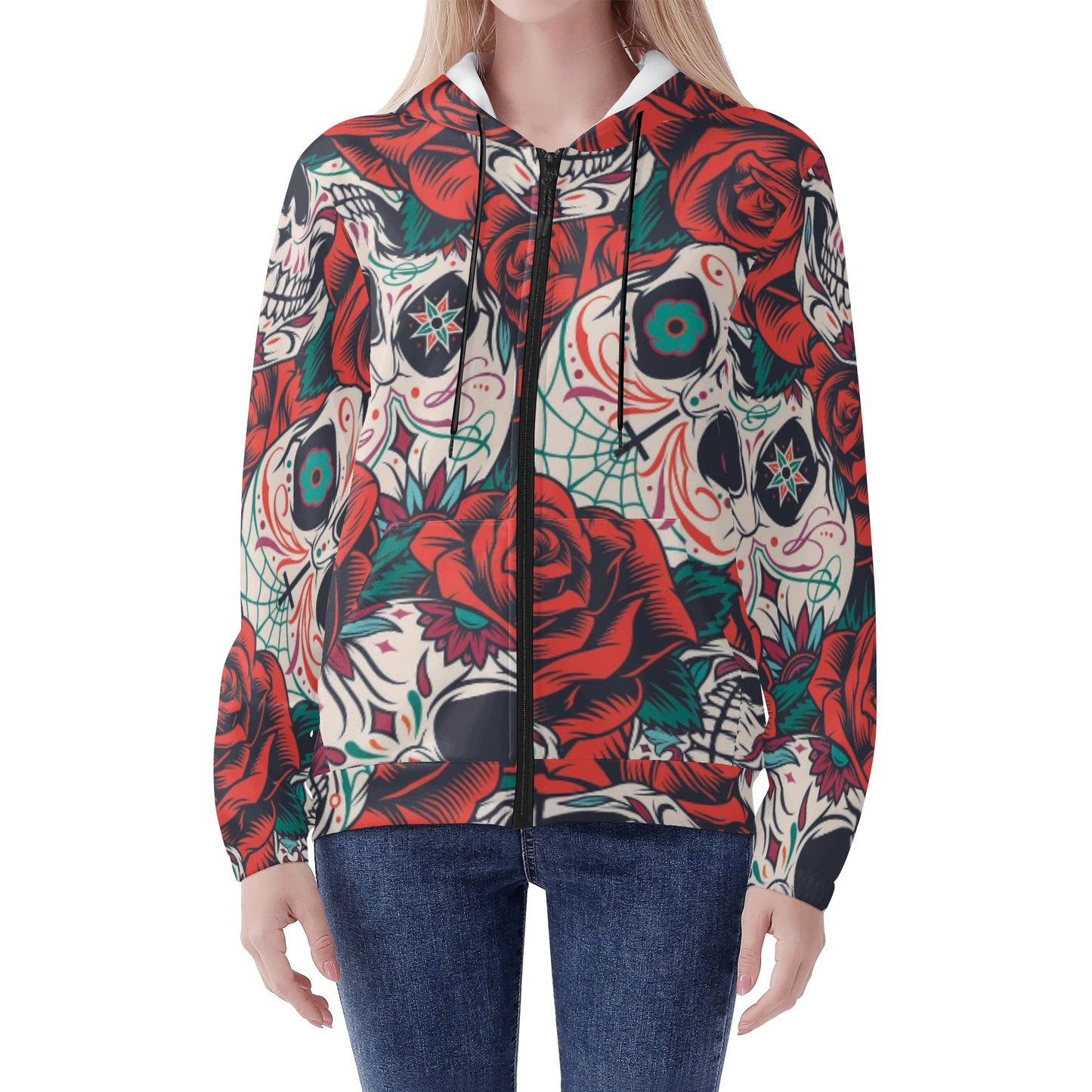 Dia de los muertos skeelton skull Women's Lightweight Zipper Jumper Sweatshirt Hoodie