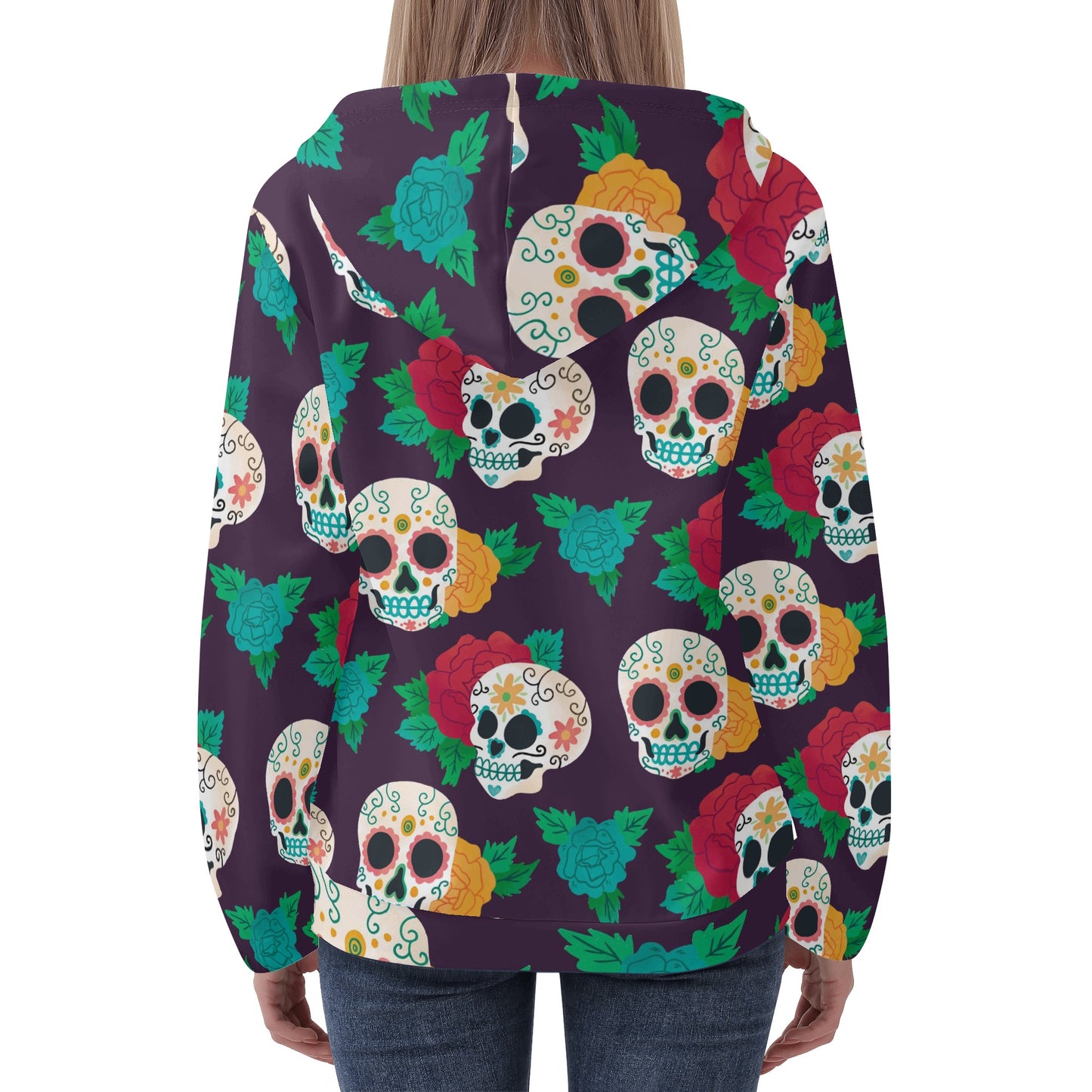 Mexican calaveras sugar skull Women's Lightweight Zipper Jumper Sweatshirt Hoodie