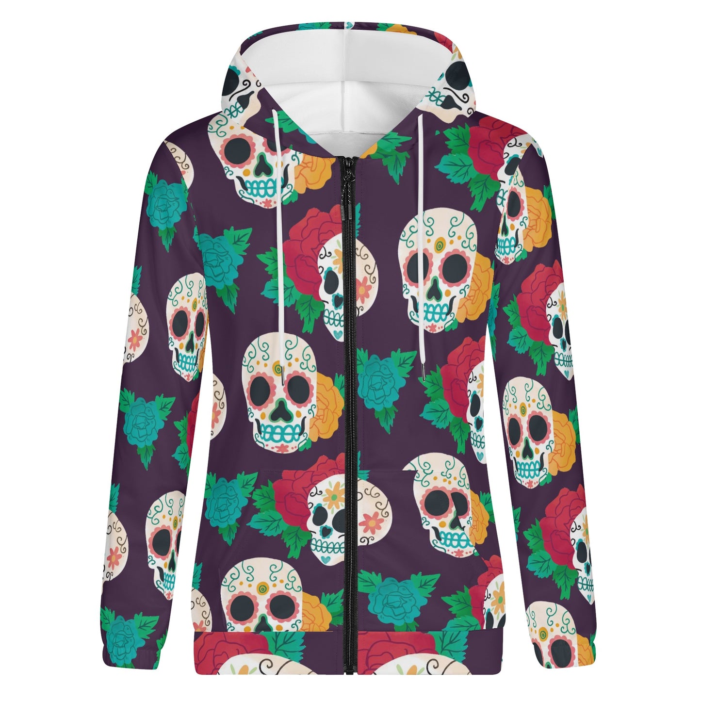 Mexican calaveras sugar skull Women's Lightweight Zipper Jumper Sweatshirt Hoodie