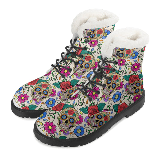 Floral gothic sugar skull Women's Faux Fur Leather Boots