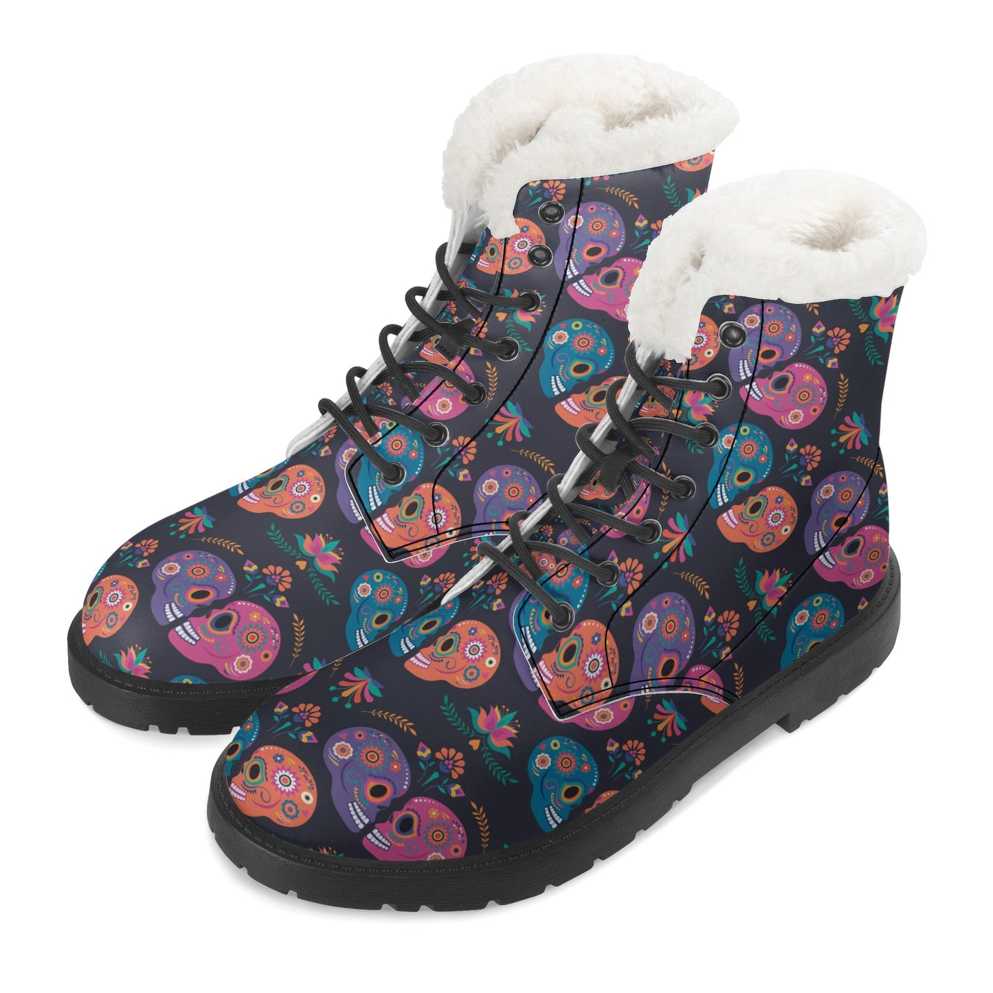 Beautiful sugar skull Women's Faux Fur Leather Boots