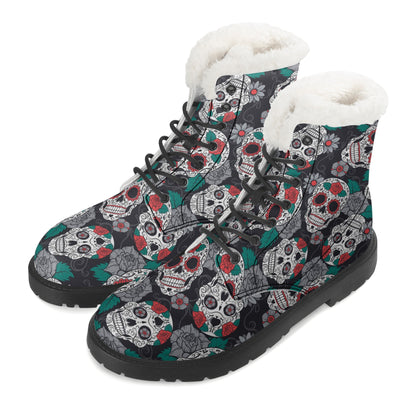 Day of the dead floral sugar skull Women's Faux Fur Leather Boots