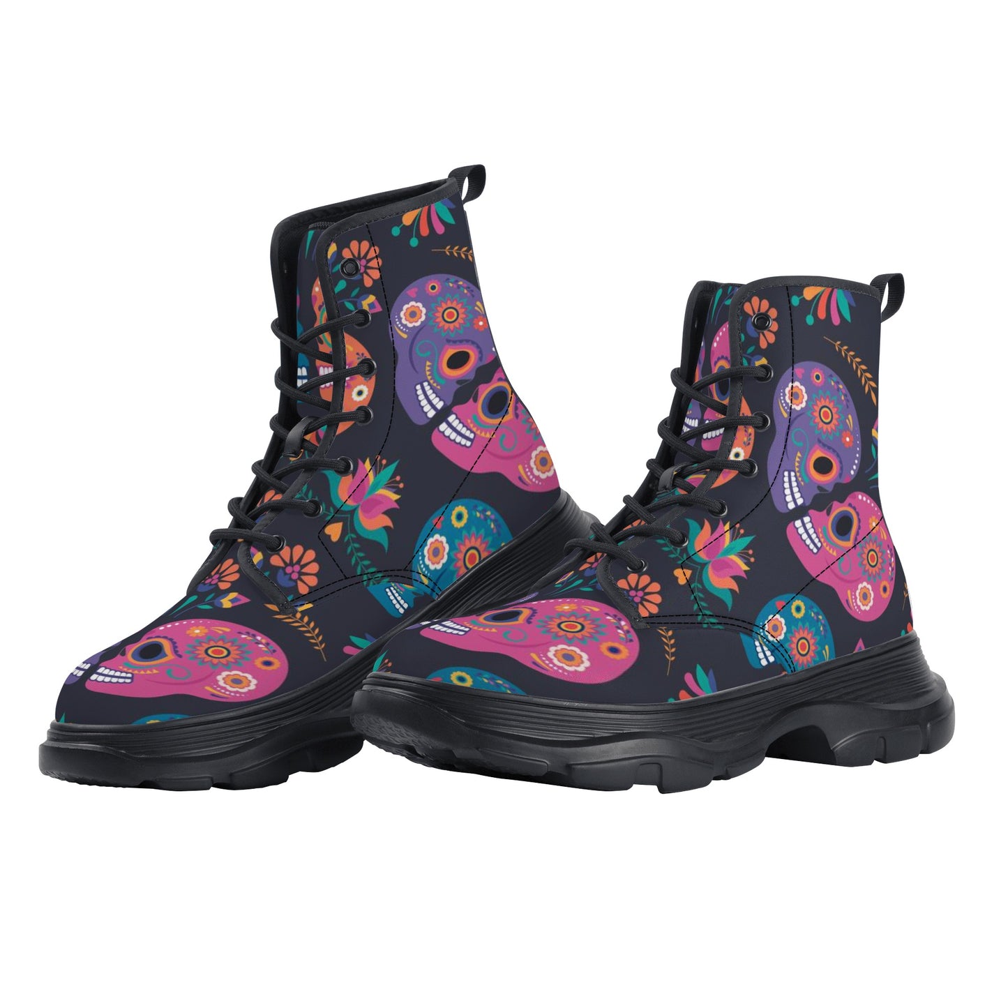 Sugar skull love Women's Leather Chunky Boots