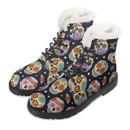 Sugar skull gothic Women's Faux Fur Leather Boots