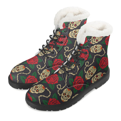 Floral rose skull Women's Faux Fur Leather Boots