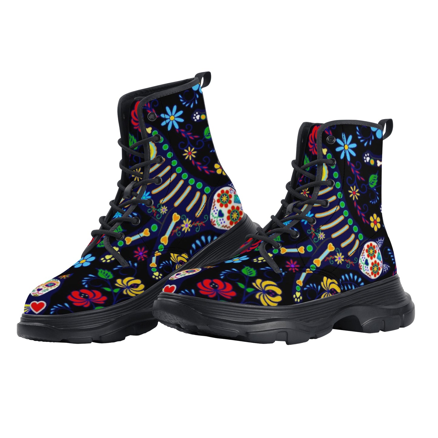 Animal sugar skull Women's Leather Chunky Boots