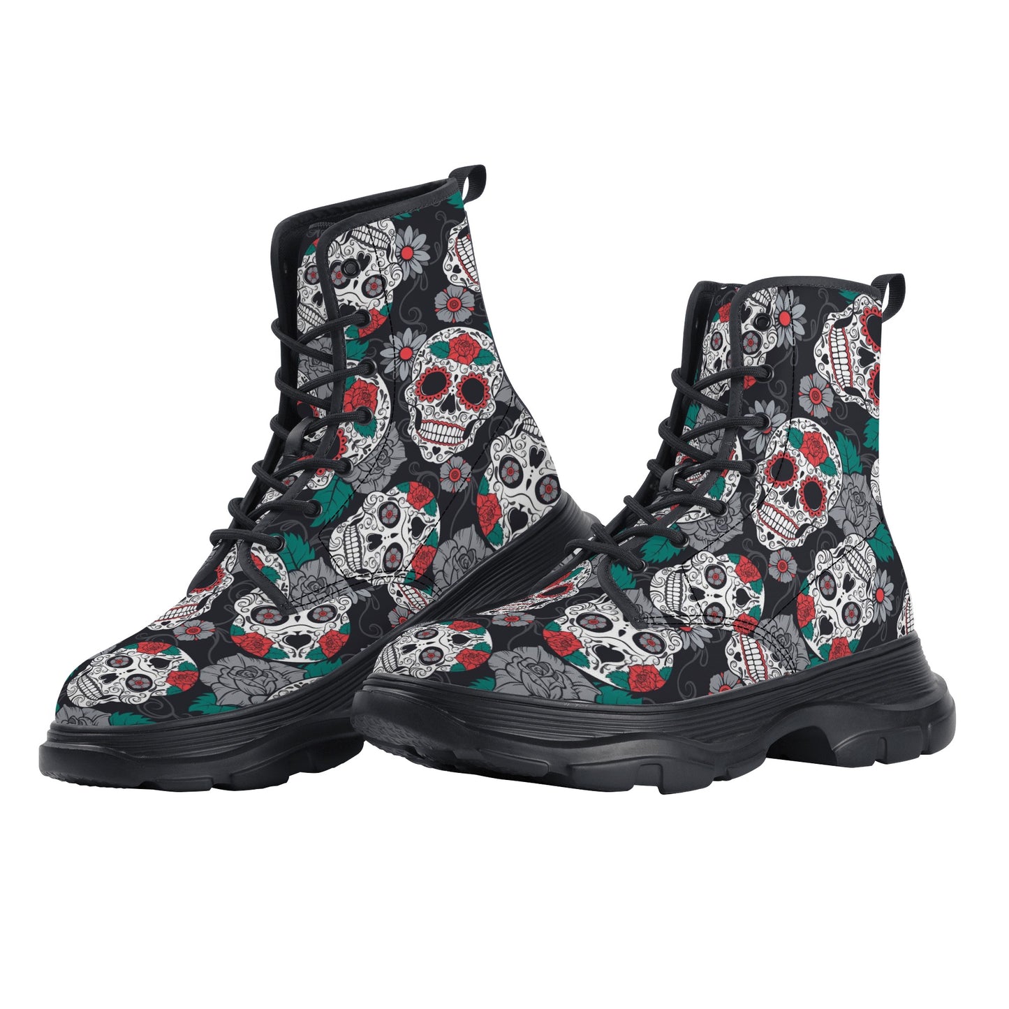 Floral Mexican calaveras skull Women's Leather Chunky Boots