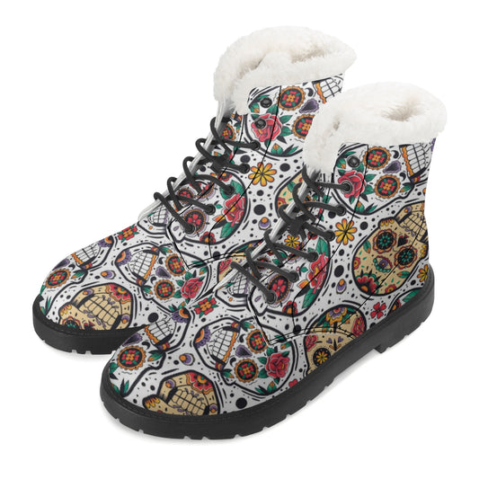 Sugar skull pattern Women's Faux Fur Leather Boots