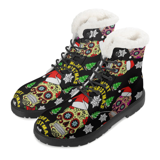 Merry christmas sugar skull Women's Faux Fur Leather Boots