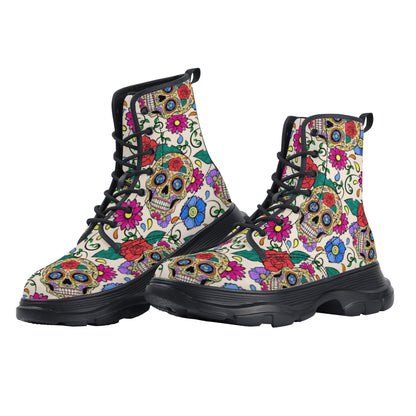 Floral sugar skull Women's Leather Chunky Boots