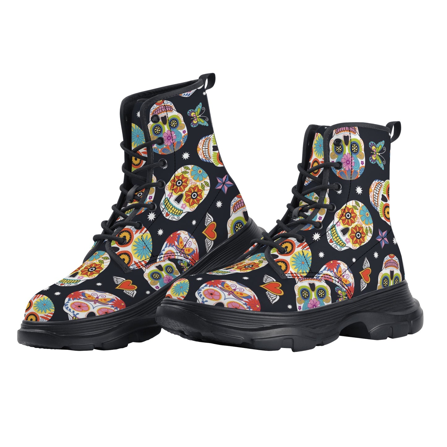 Day of the dead calaveras skull skeleton Women's Leather Chunky Boots