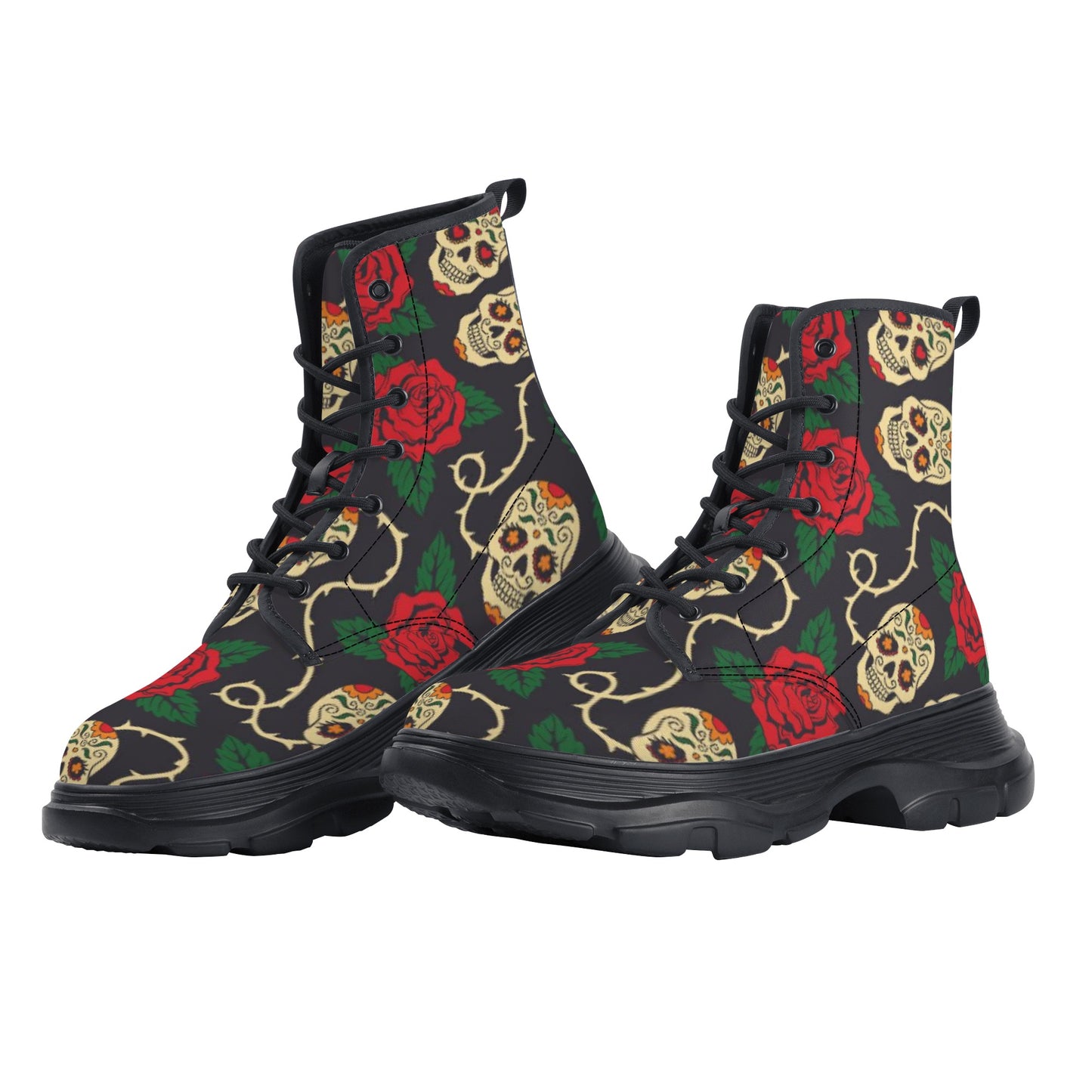 Floral rose skull Women's Leather Chunky Boots