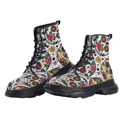 Sugar skull Dia de los muertos Women's Leather Chunky Boots