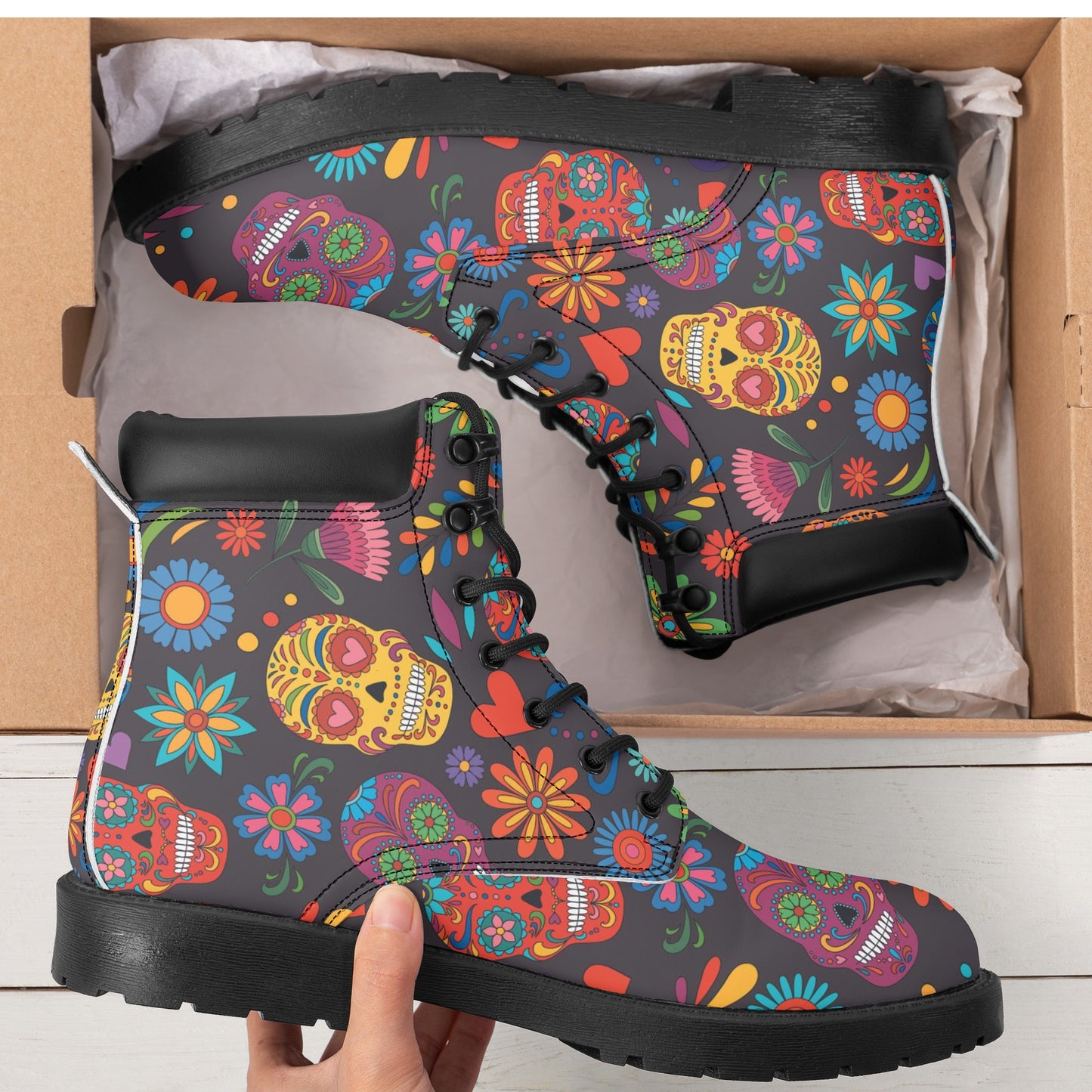 Floral skull Women's All Season Leather Boots