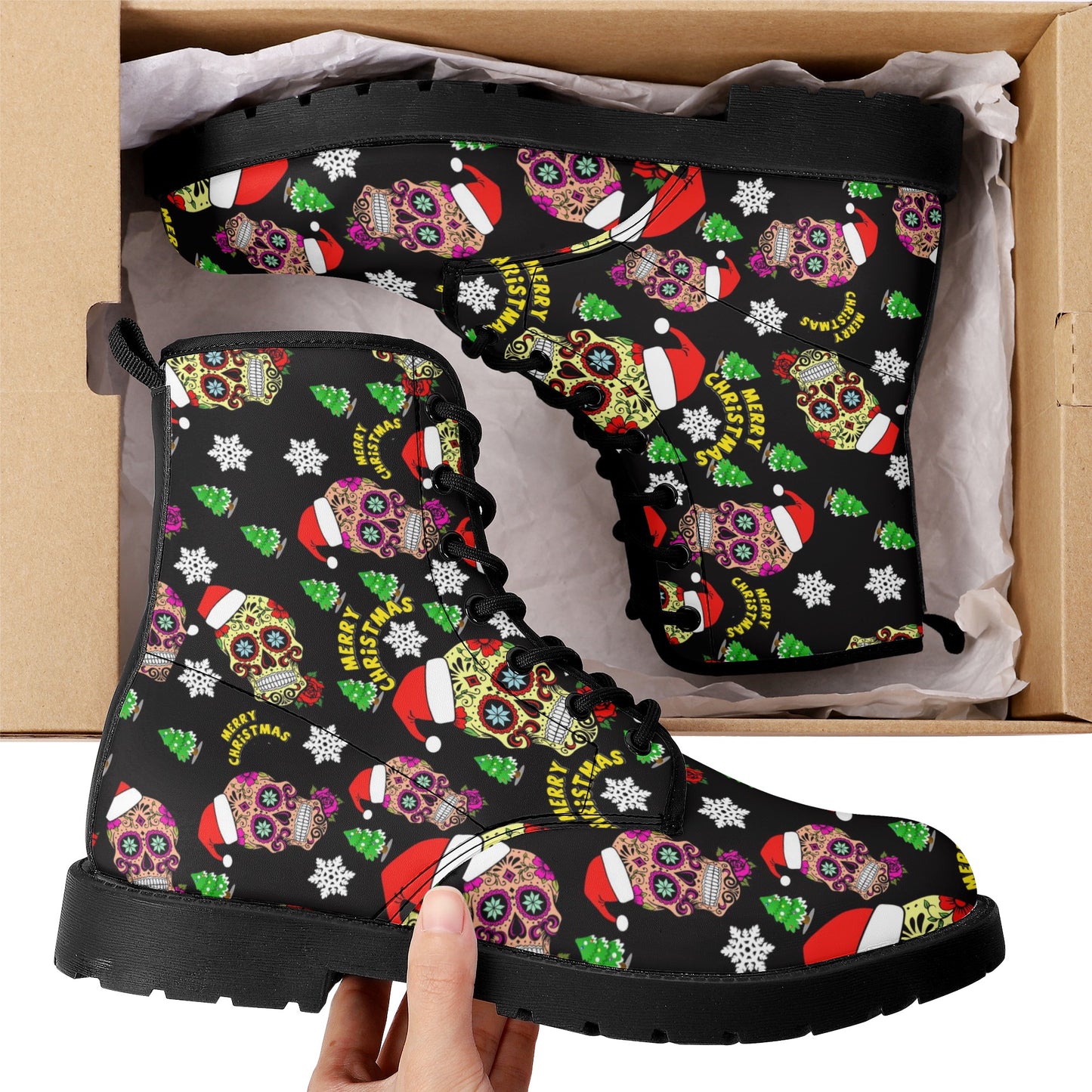 Merry christmas sugar skull Women's Leather Boots