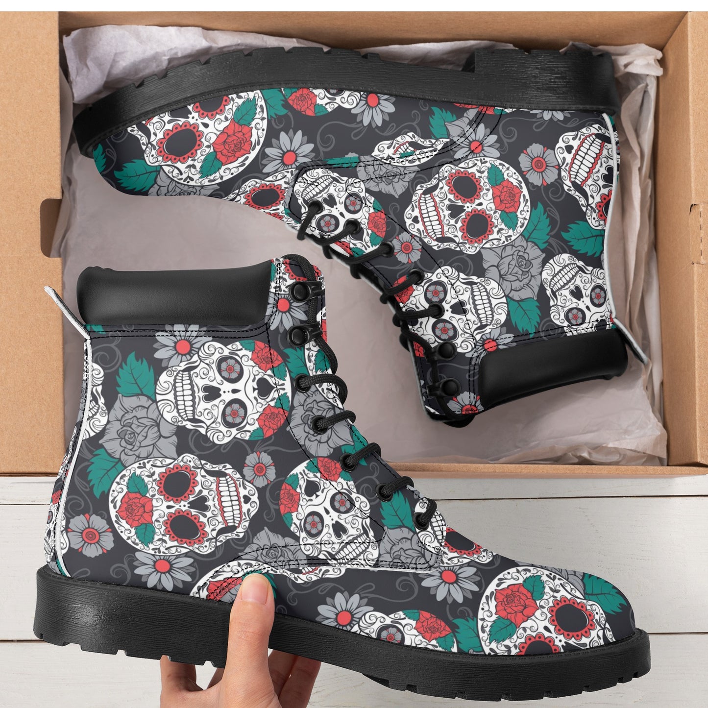 Sugar skull floral Women's All Season Leather Boots