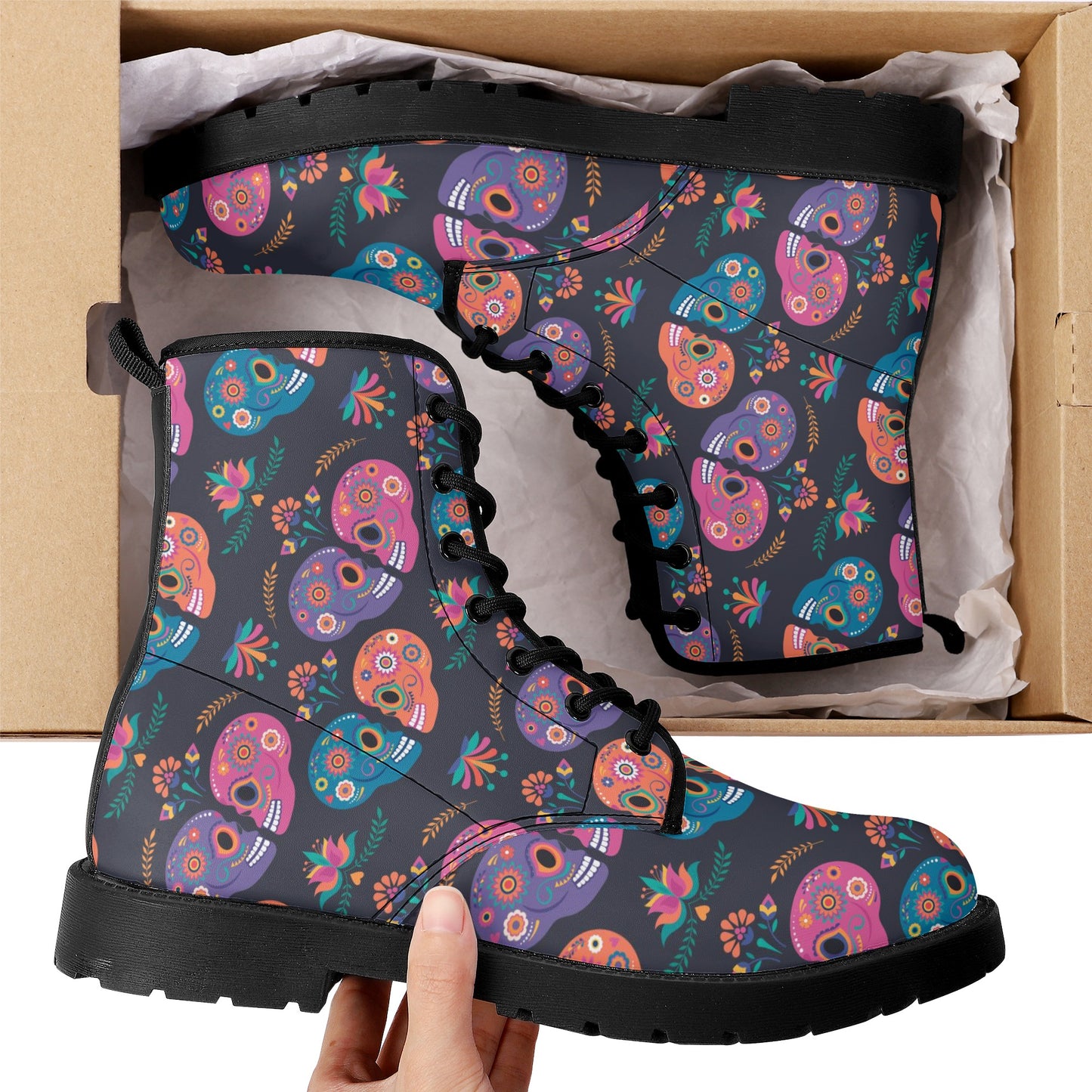 Sugar skull floral mexican skull pattern Women's Leather Boots