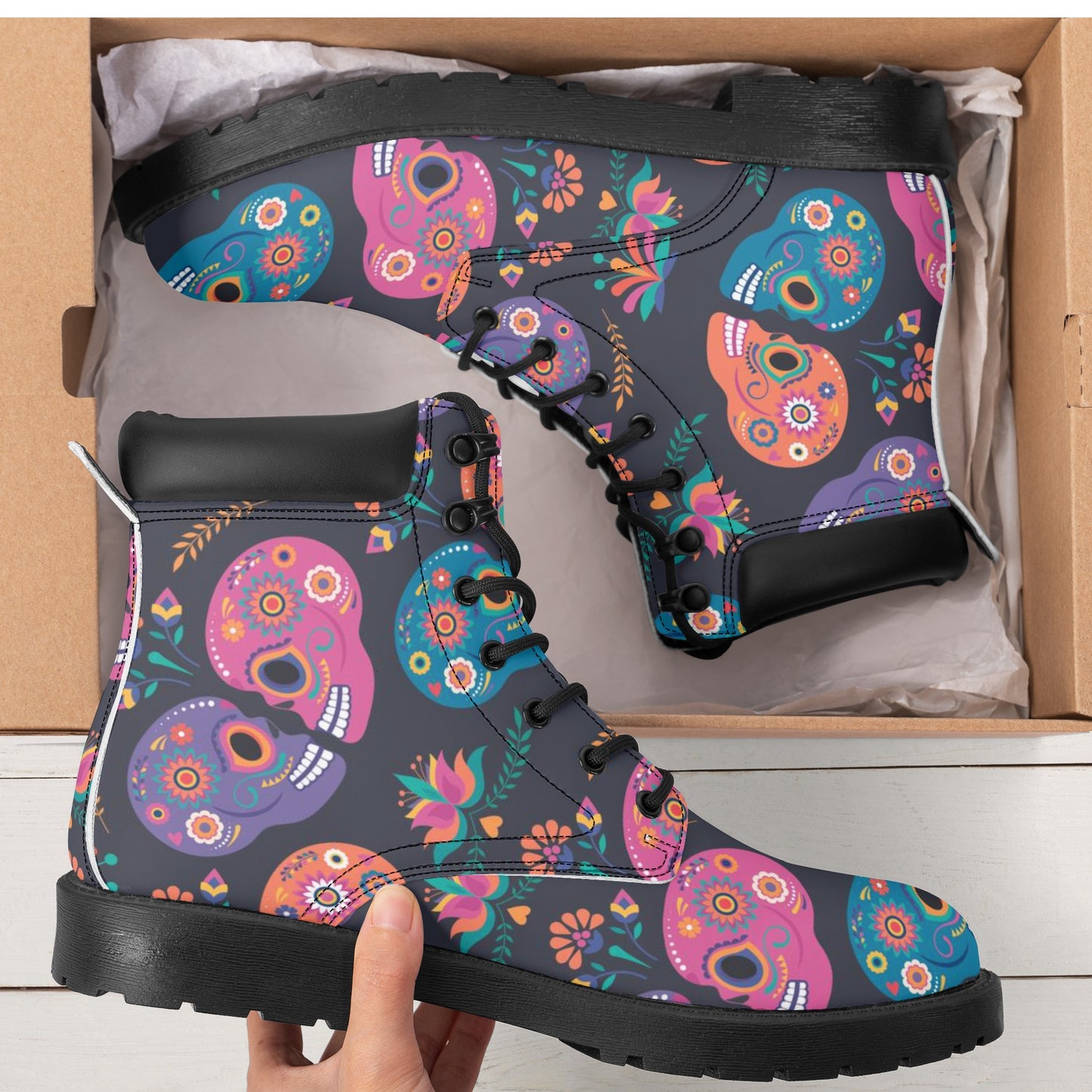 Sugar skull dia de los muertoas gothic Women's All Season Leather Boots