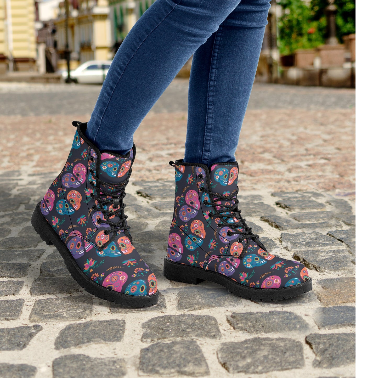 Sugar skull floral mexican skull pattern Women's Leather Boots