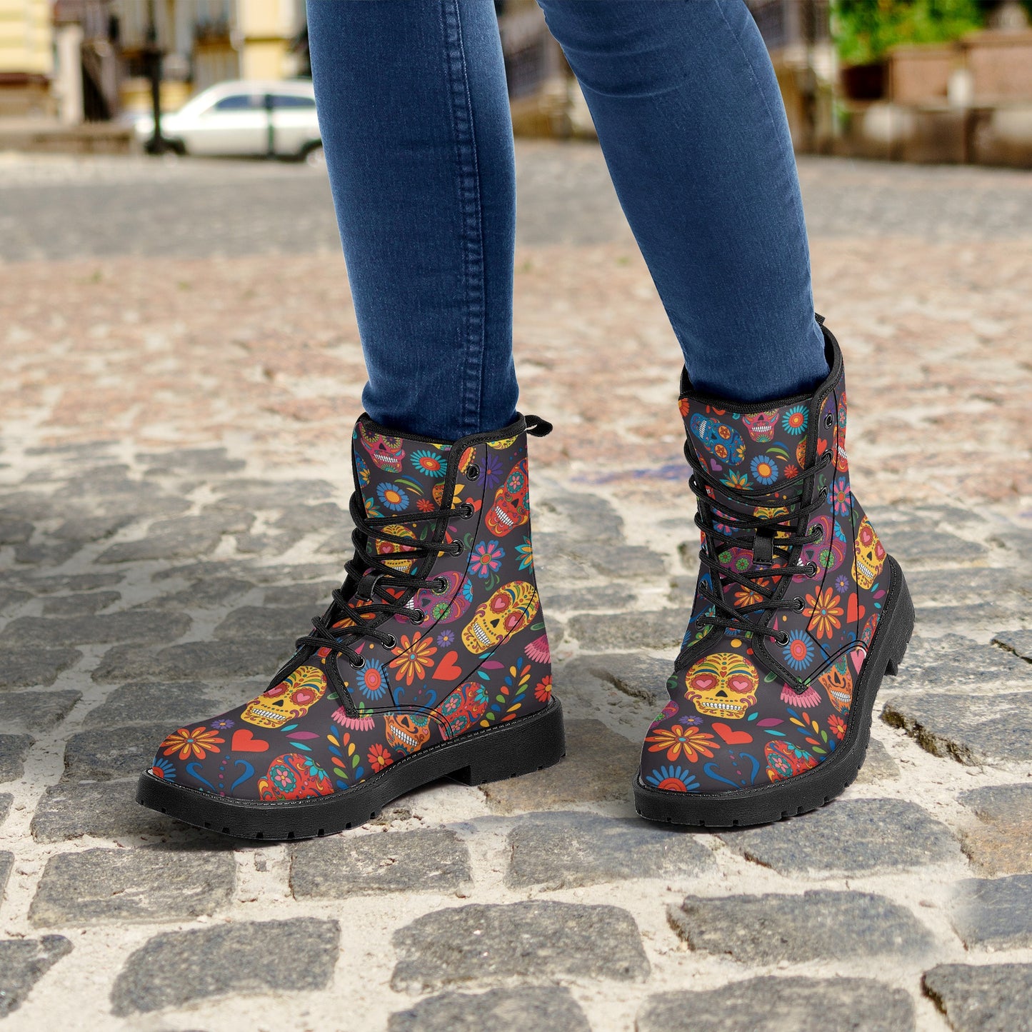 Sugar skull pattern Women's Leather Boots