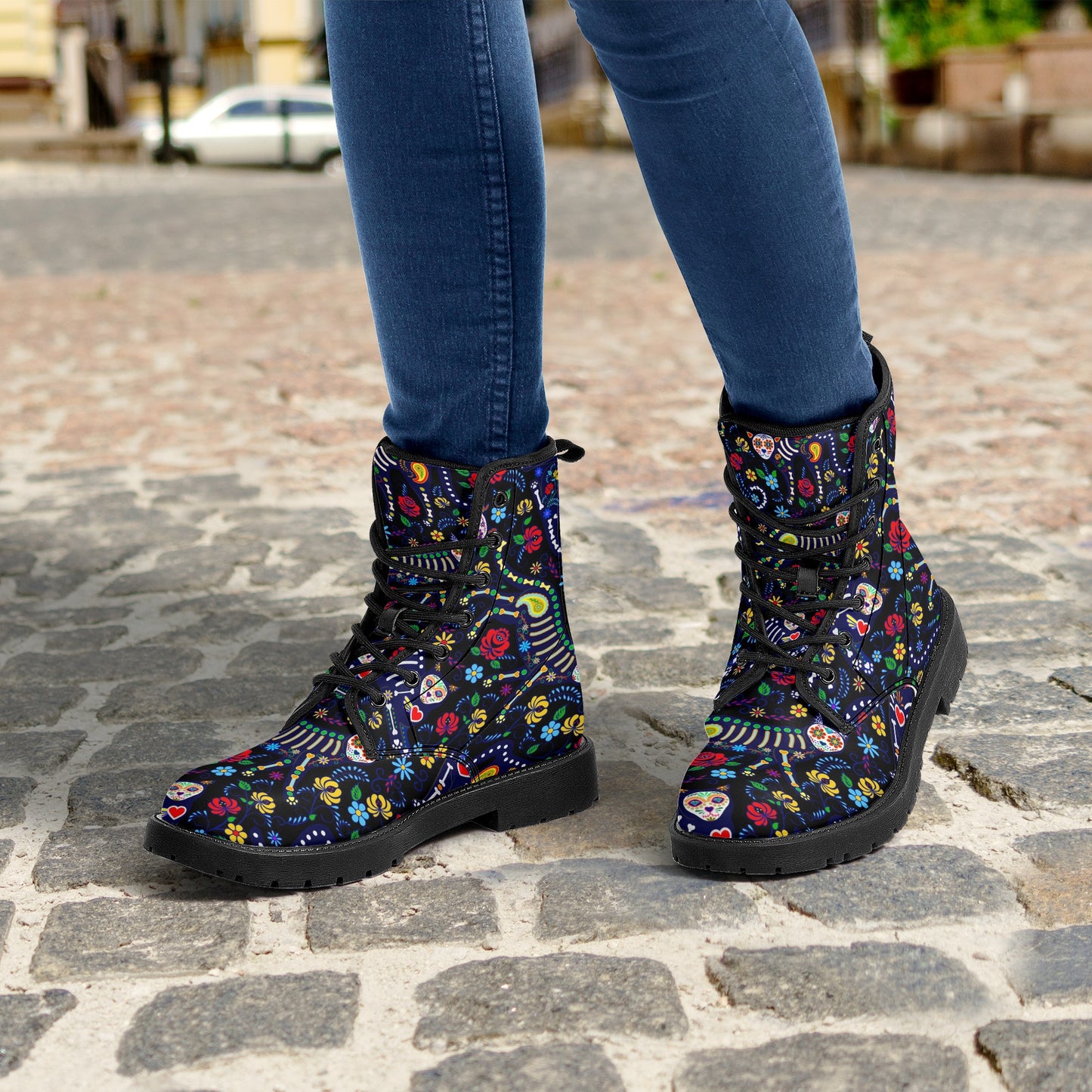 Animal cat dog sugar skull Women's Leather Boots