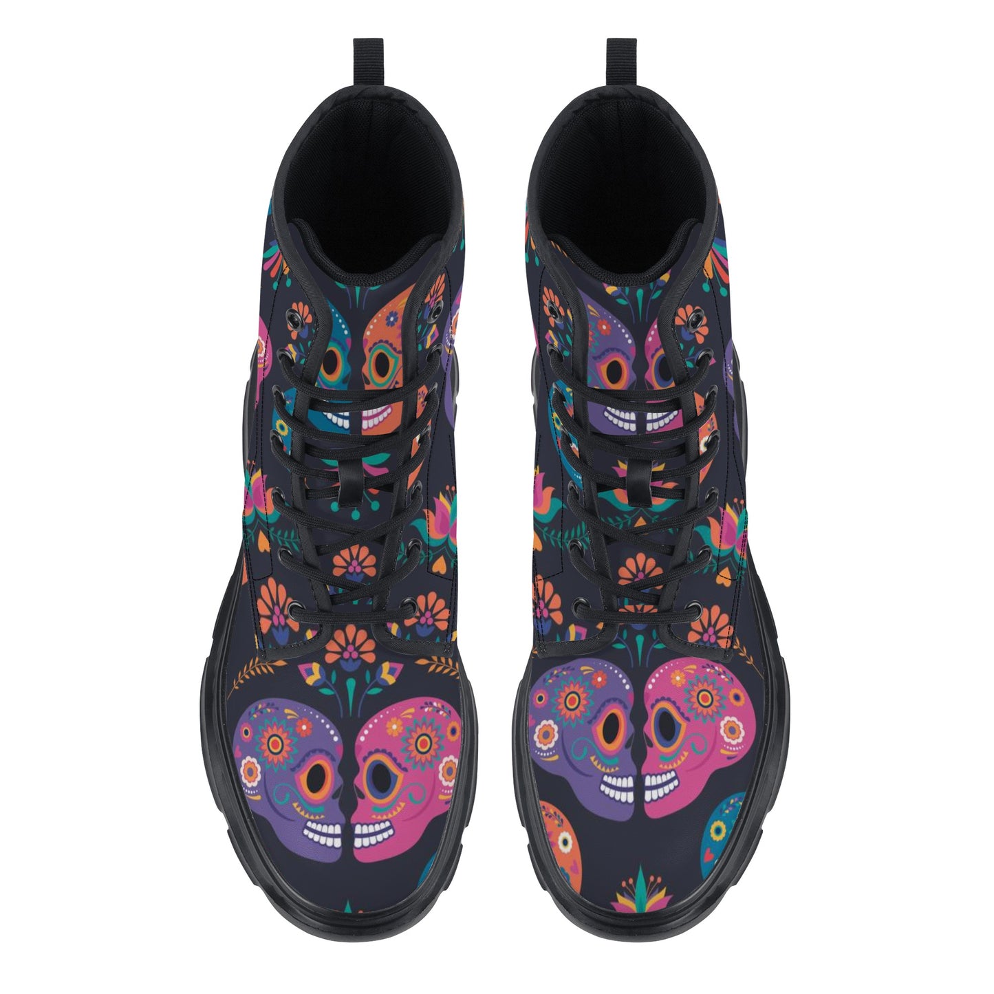 Sugar skull love Women's Leather Chunky Boots