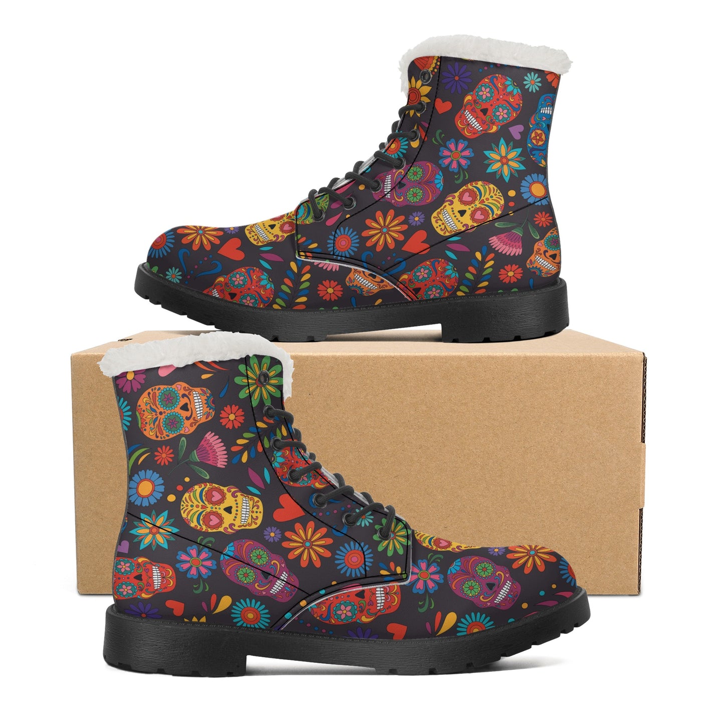 Sguar skull dia de los muertos Women's Faux Fur Leather Boots