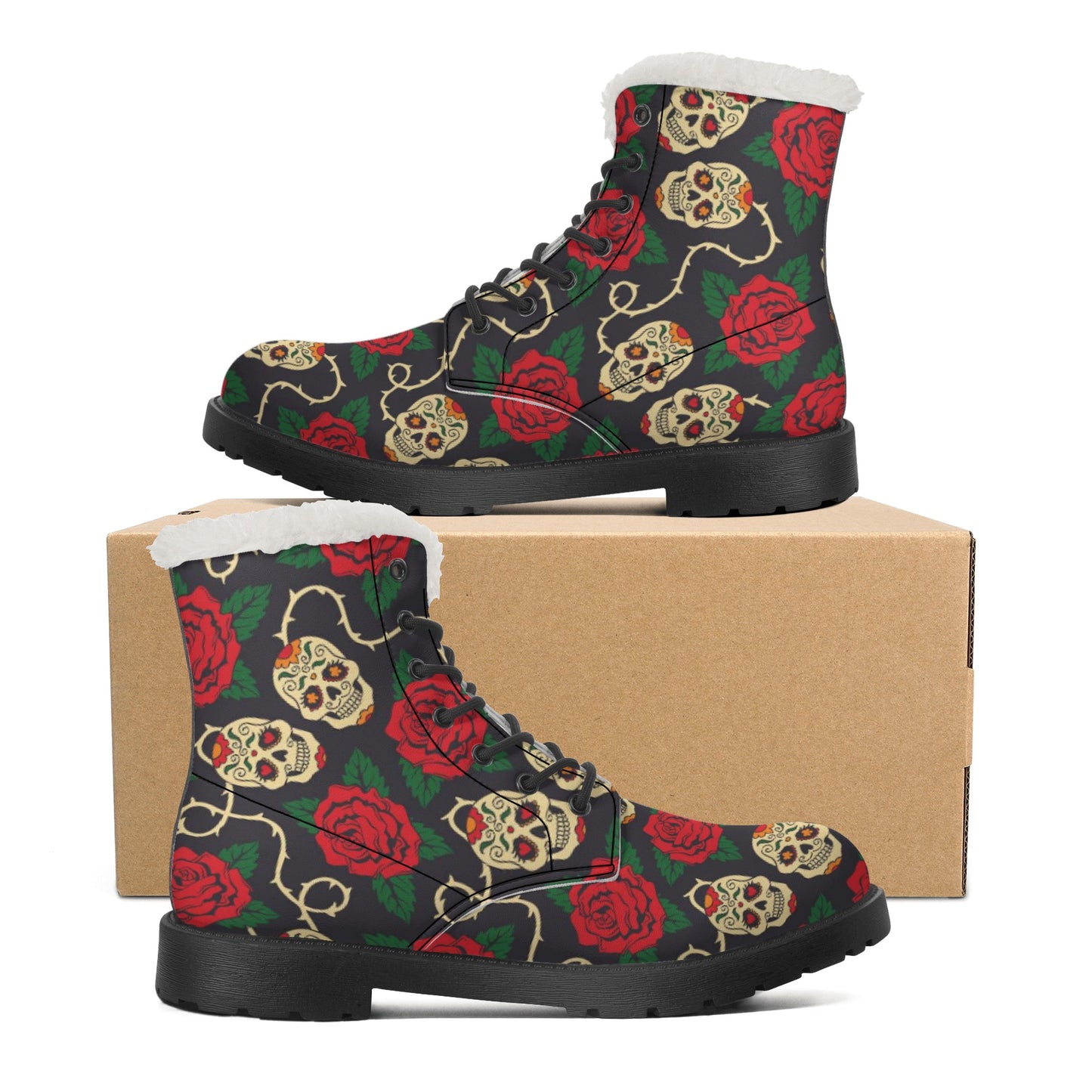 Floral rose skull Women's Faux Fur Leather Boots