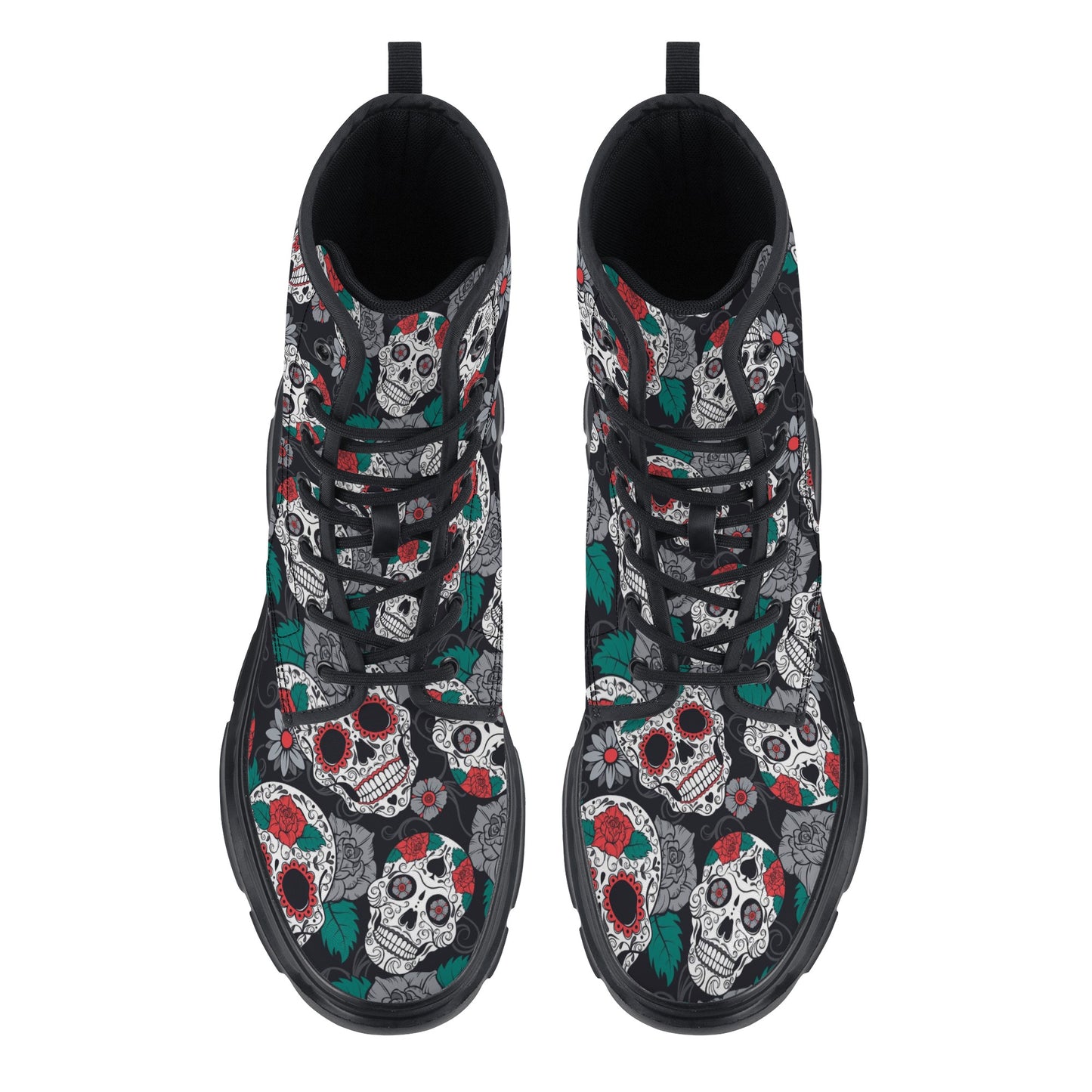 Floral Mexican calaveras skull Women's Leather Chunky Boots