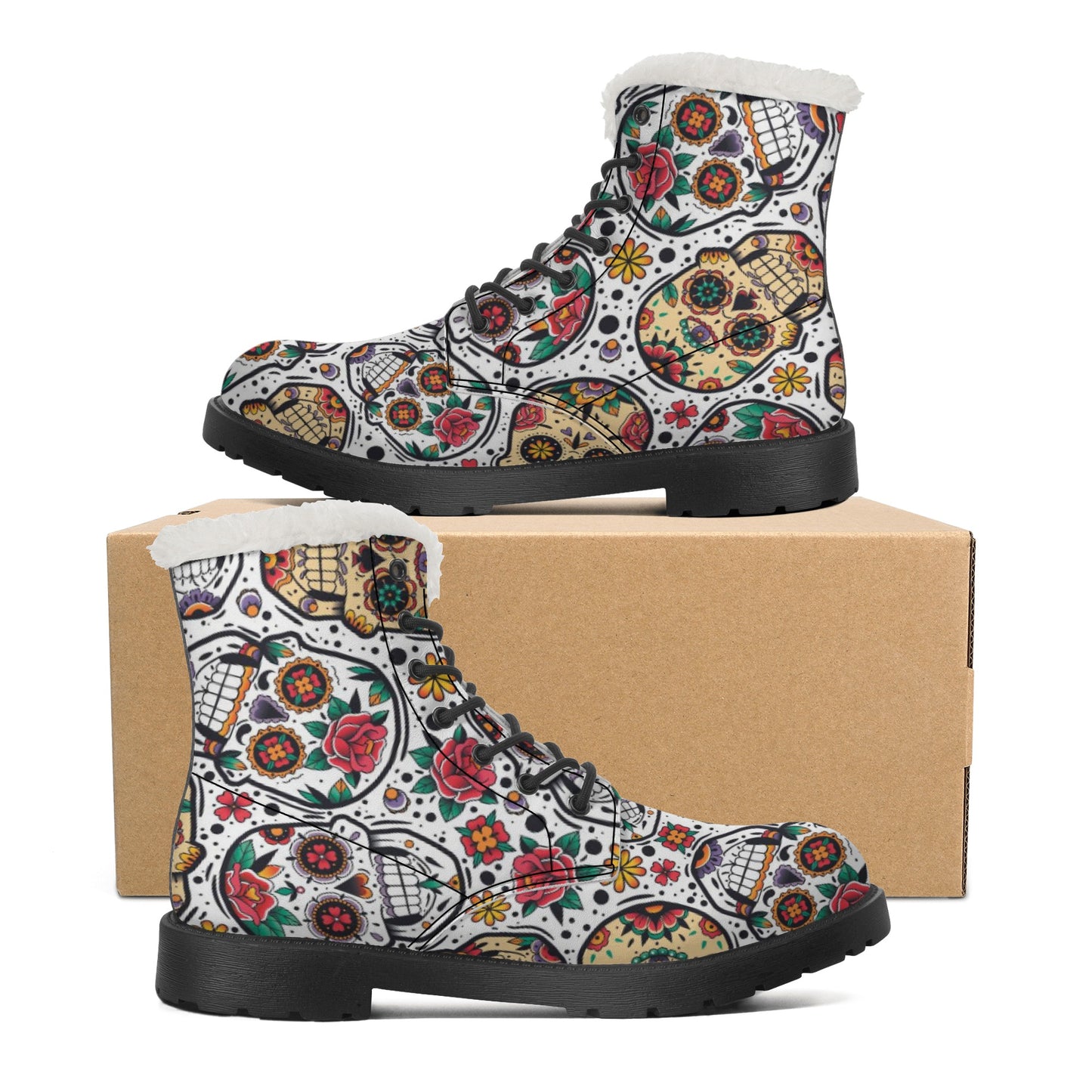 Sugar skull pattern Women's Faux Fur Leather Boots