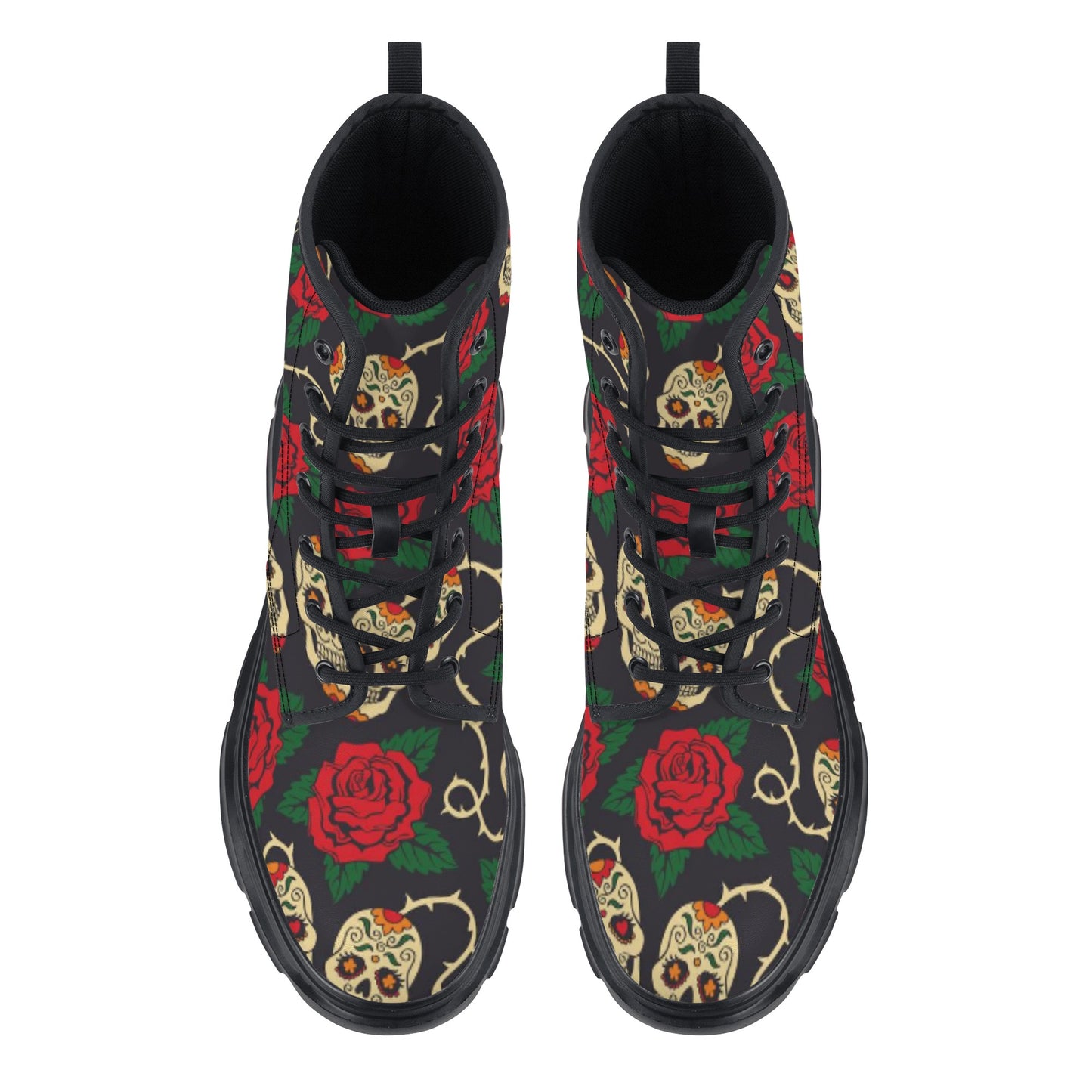 Floral rose skull Women's Leather Chunky Boots