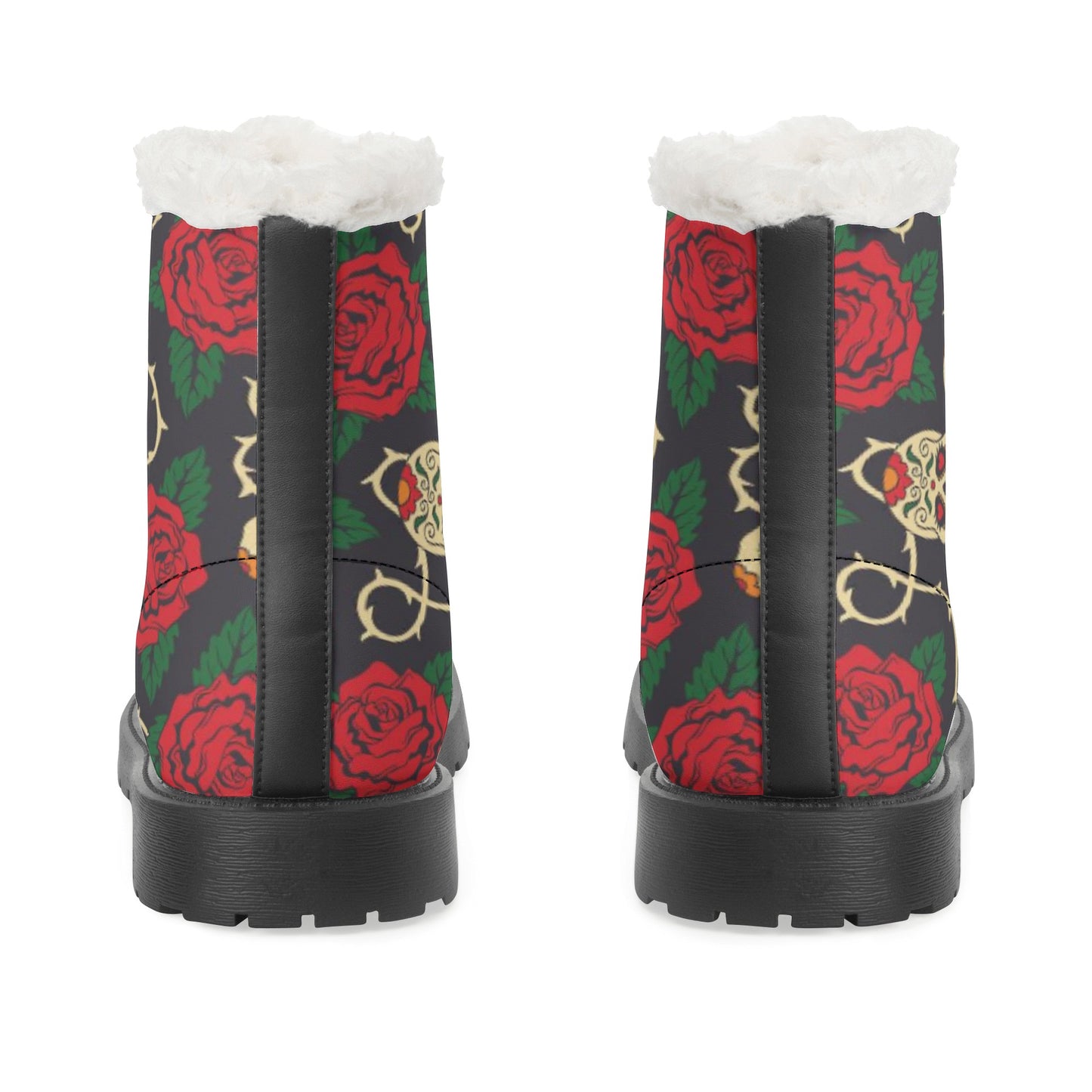 Floral rose skull Women's Faux Fur Leather Boots