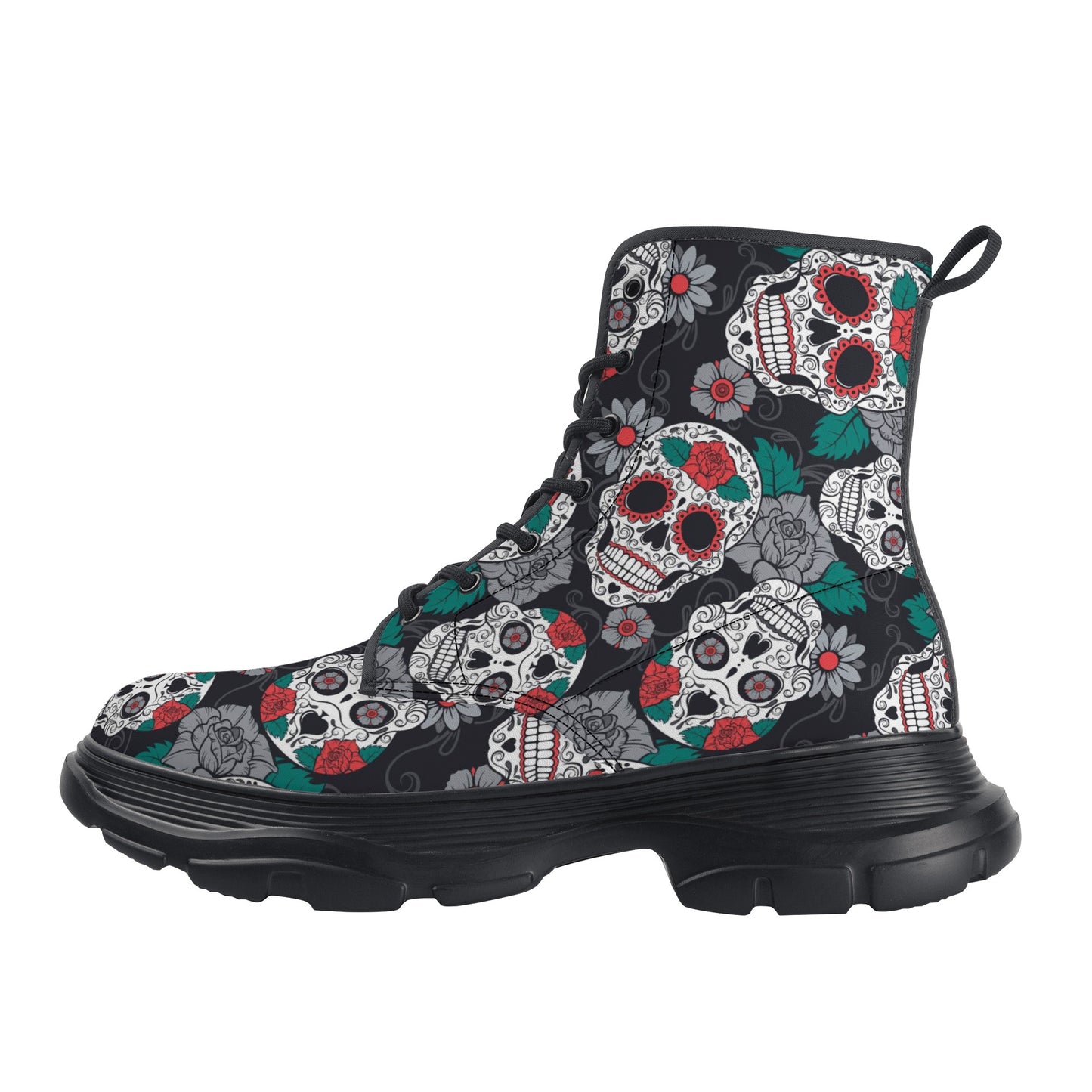 Floral Mexican calaveras skull Women's Leather Chunky Boots