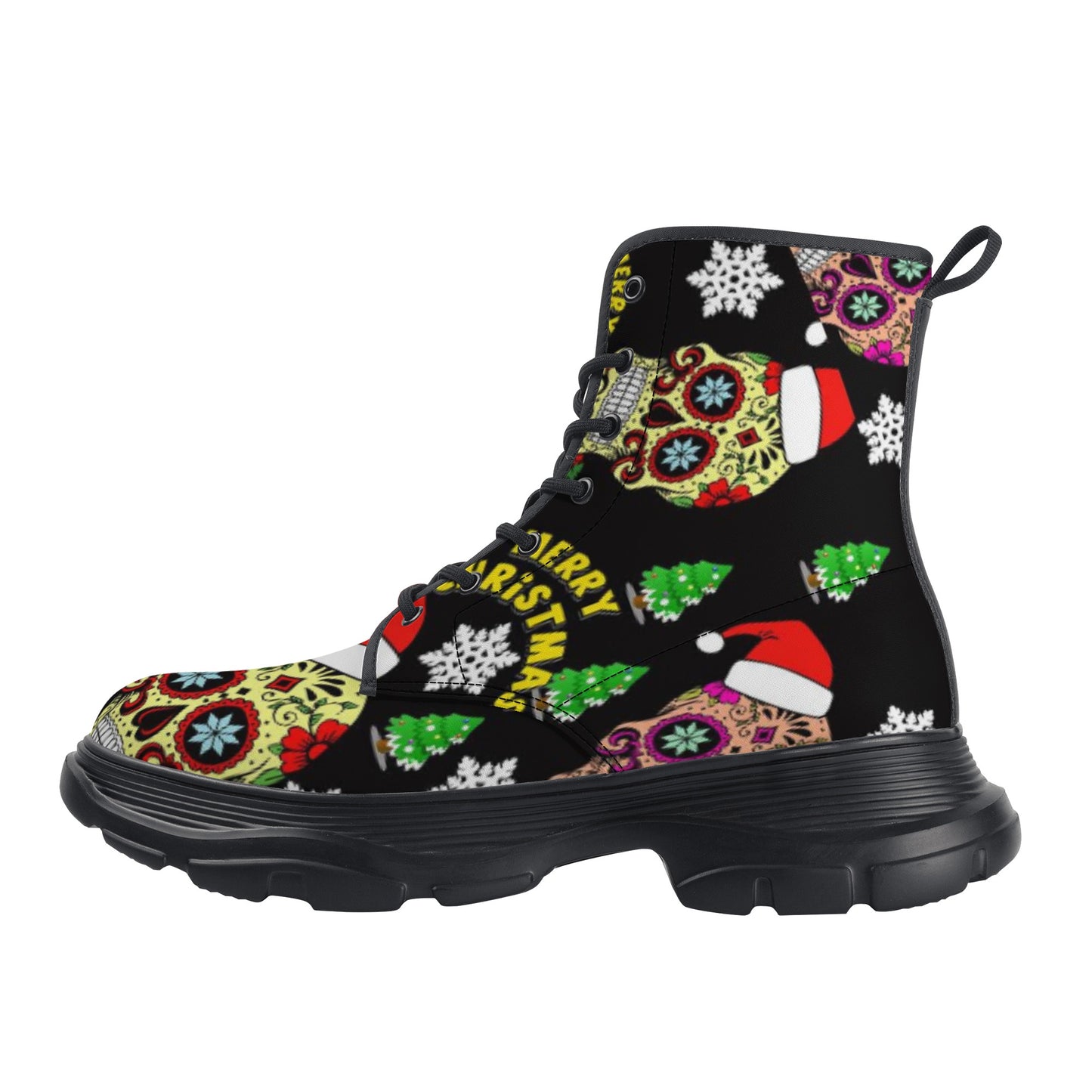 Merry Christmas sugar skull Women's Leather Chunky Boots