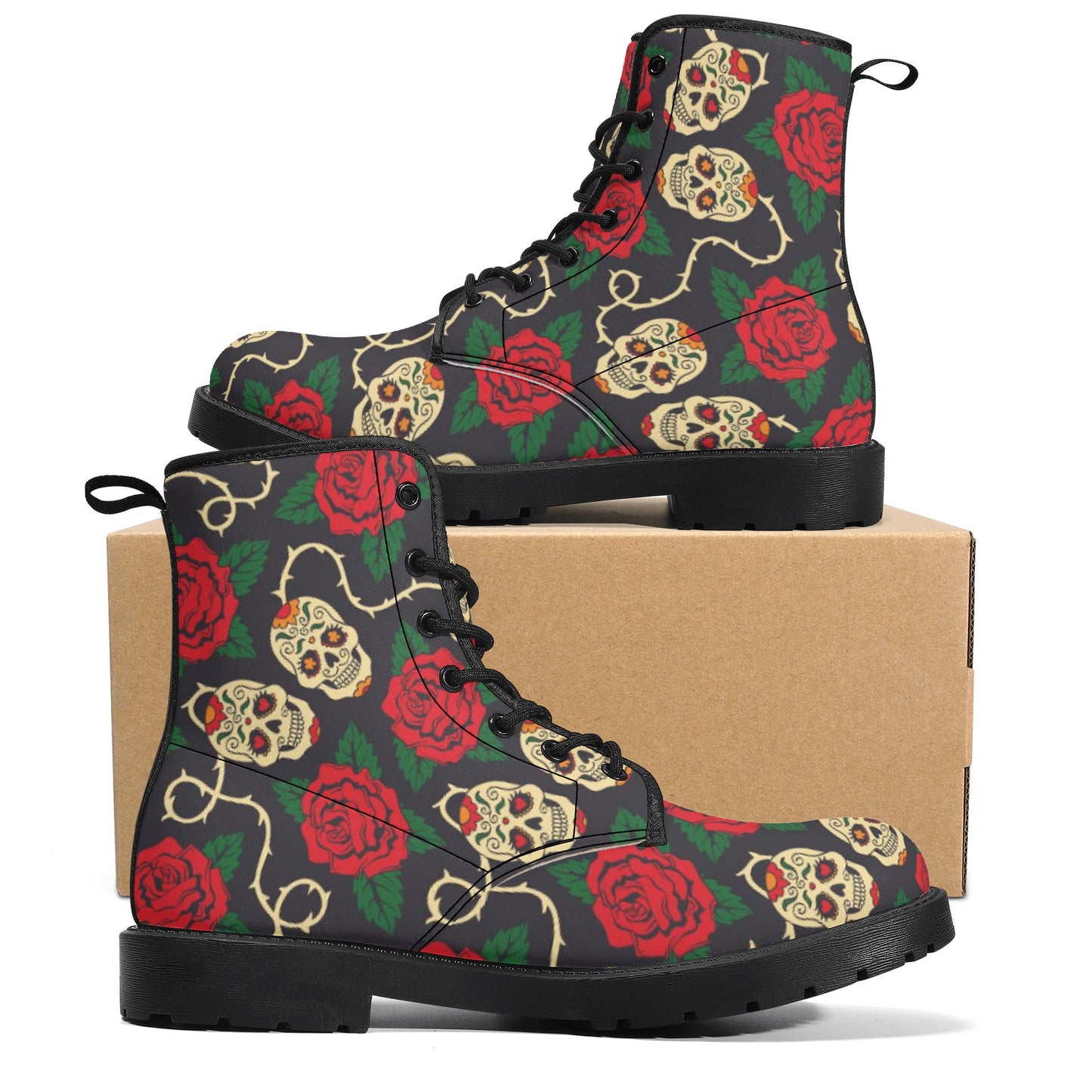 Floral sugar skull Gothic Halloween Women's Leather Boots