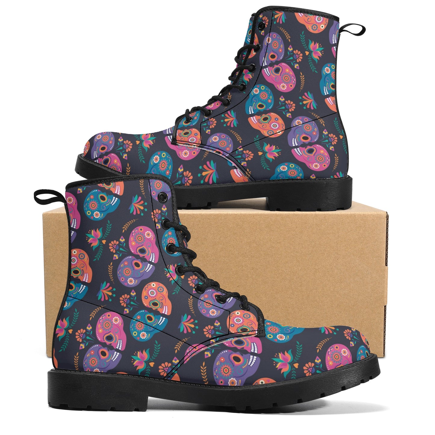 Sugar skull floral mexican skull pattern Women's Leather Boots