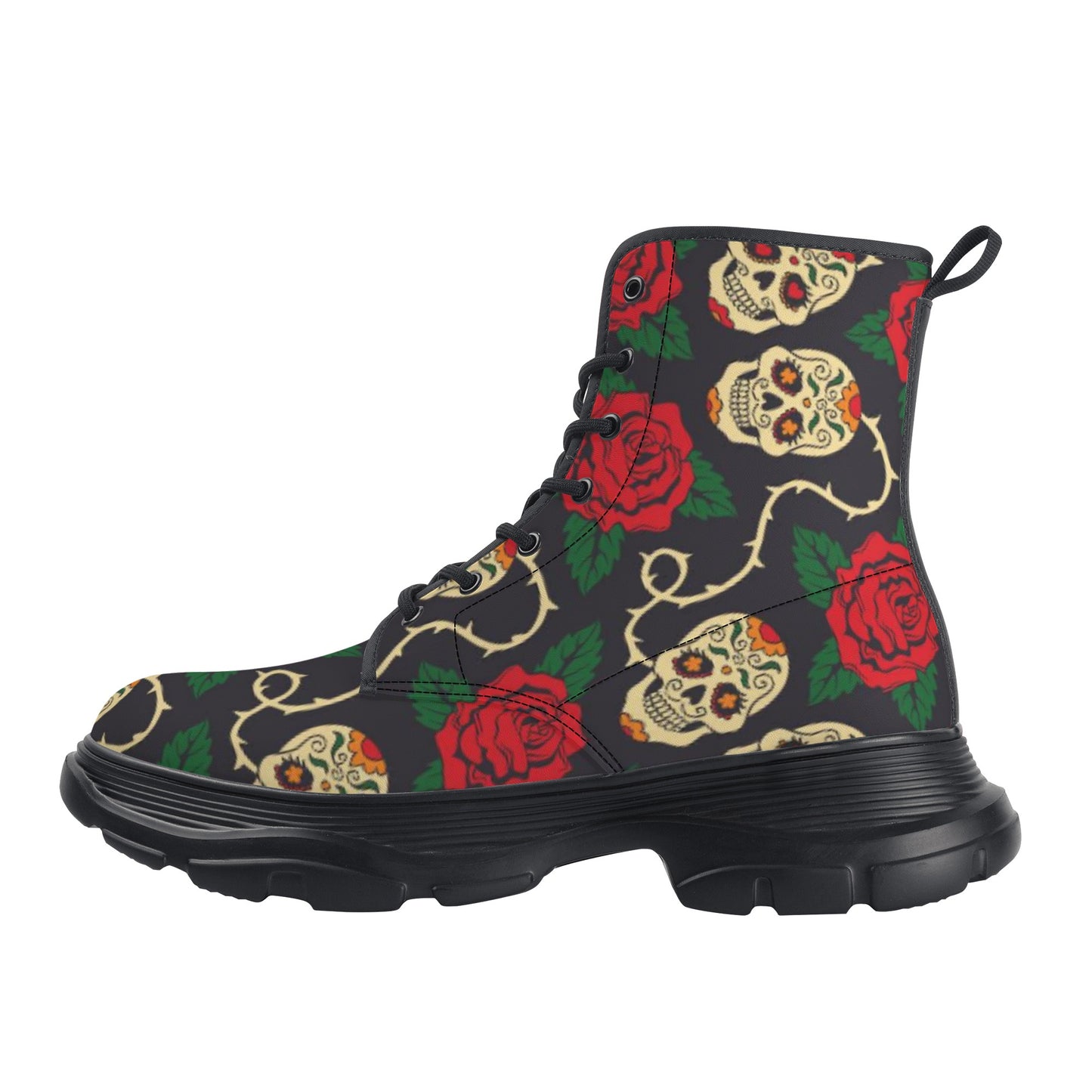 Floral rose skull Women's Leather Chunky Boots